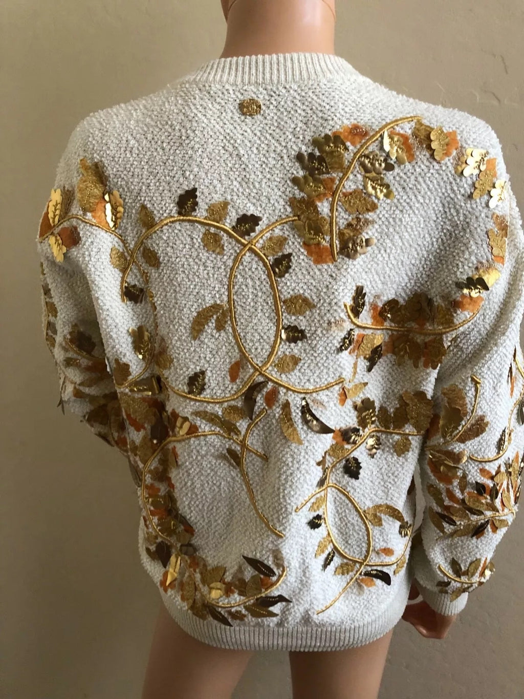 CHANEL 18C CC PARIS GREECE RUNWAY GOLD ECRU LOGO KNIT EMBELLISHED SWEATER
