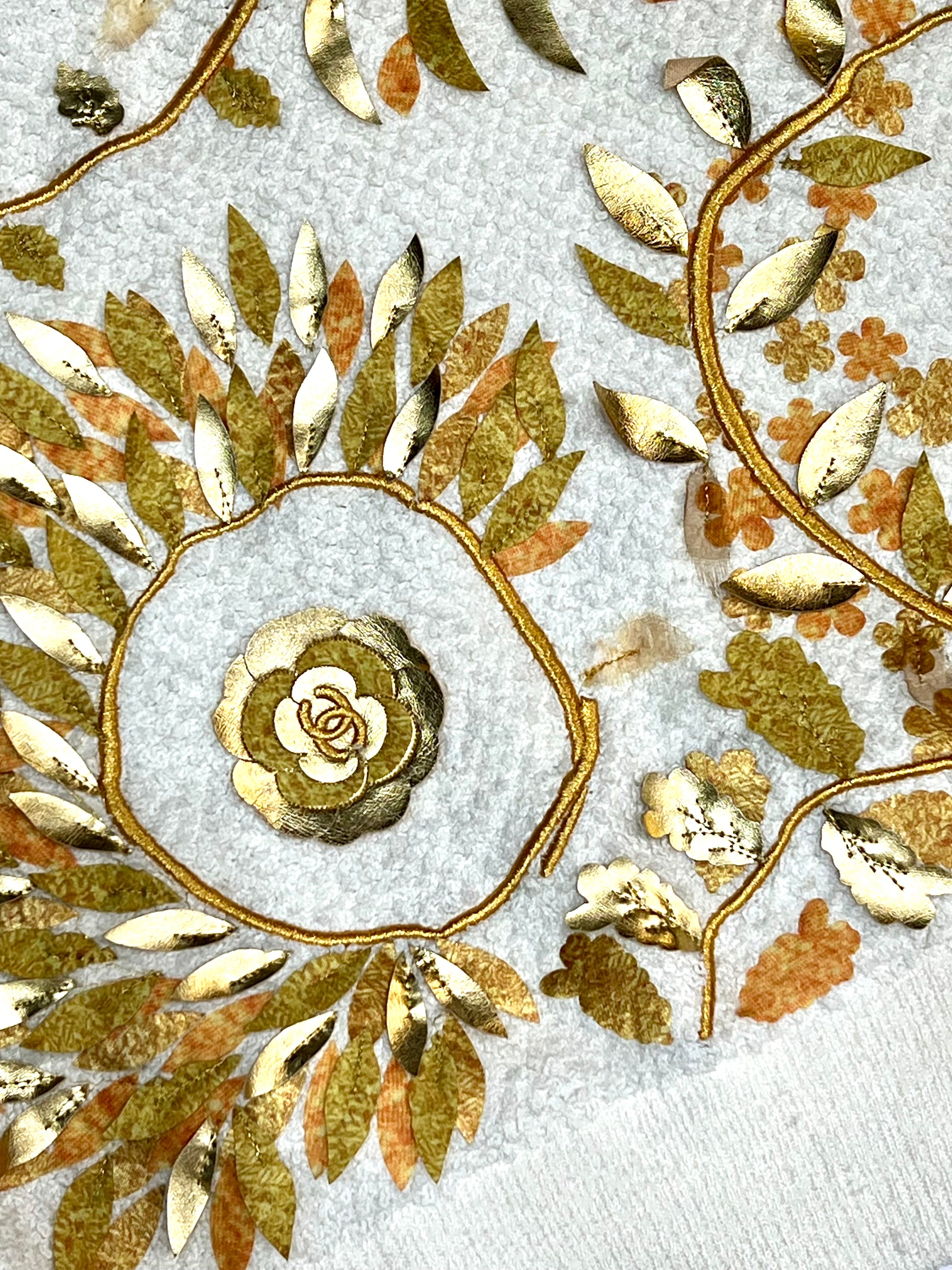 CHANEL 18C CC PARIS GREECE RUNWAY GOLD ECRU LOGO KNIT EMBELLISHED SWEATER
