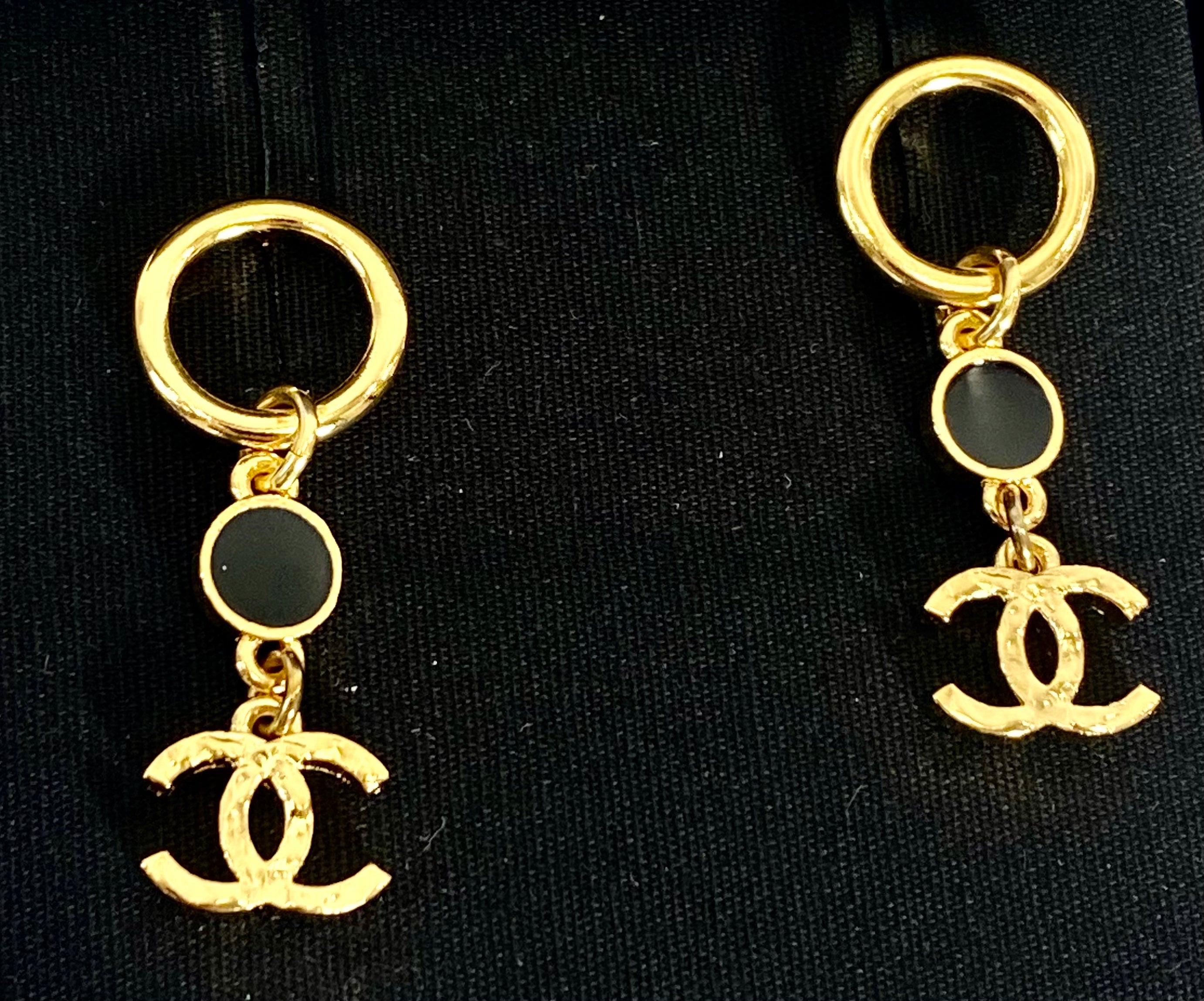 CHANEL GOLD TONE BLACK ENAMEL DANGLE EARRINGS