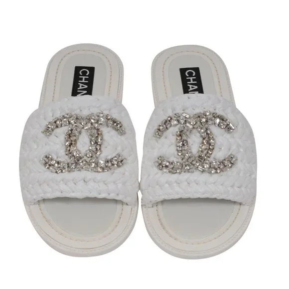 CHANEL CC CRYSTAL LOGO RAFFIA STRASS SANDALS MULES