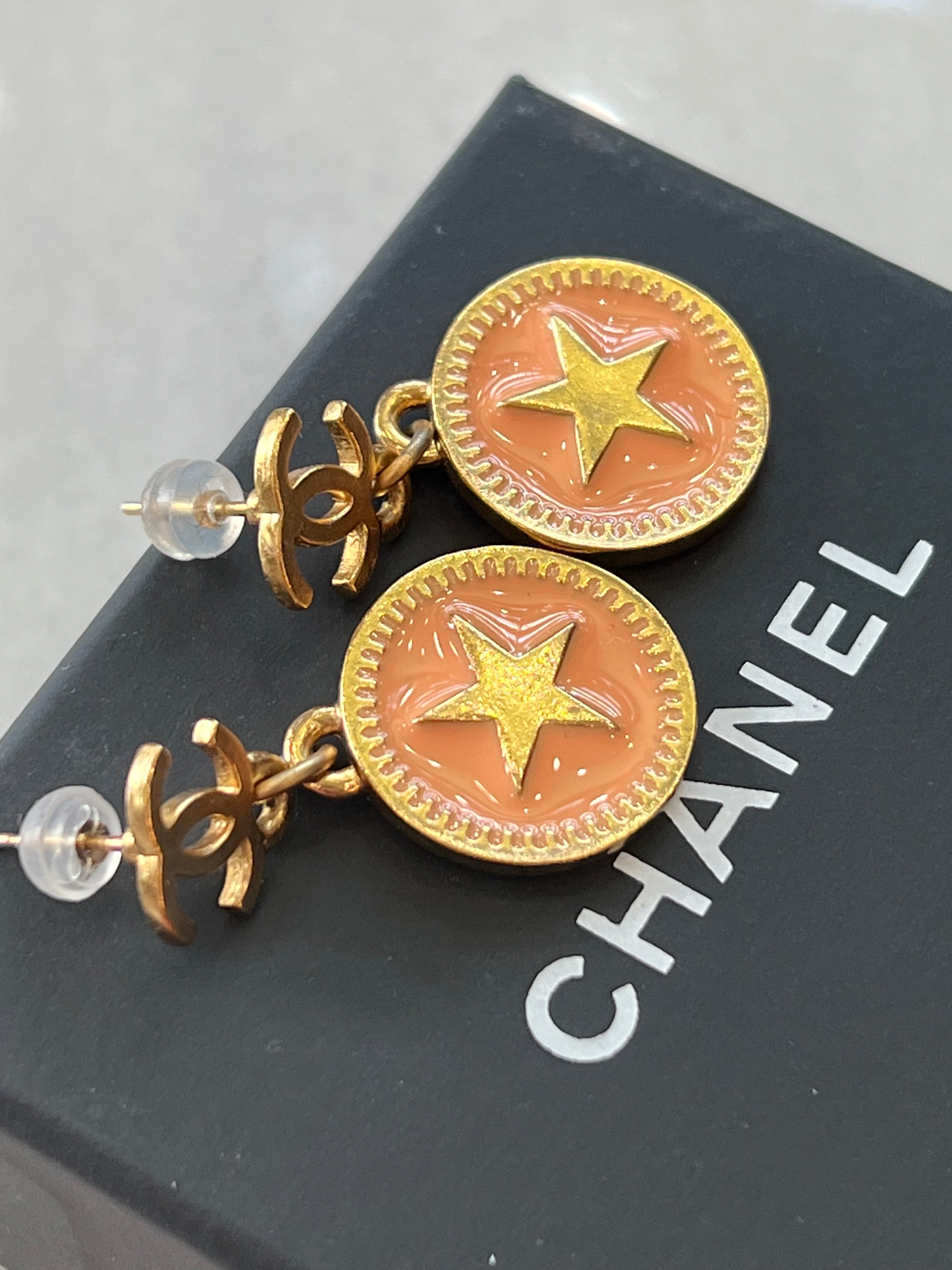 CHANEL CC STAR DANGLE ENAMEL EARRINGS