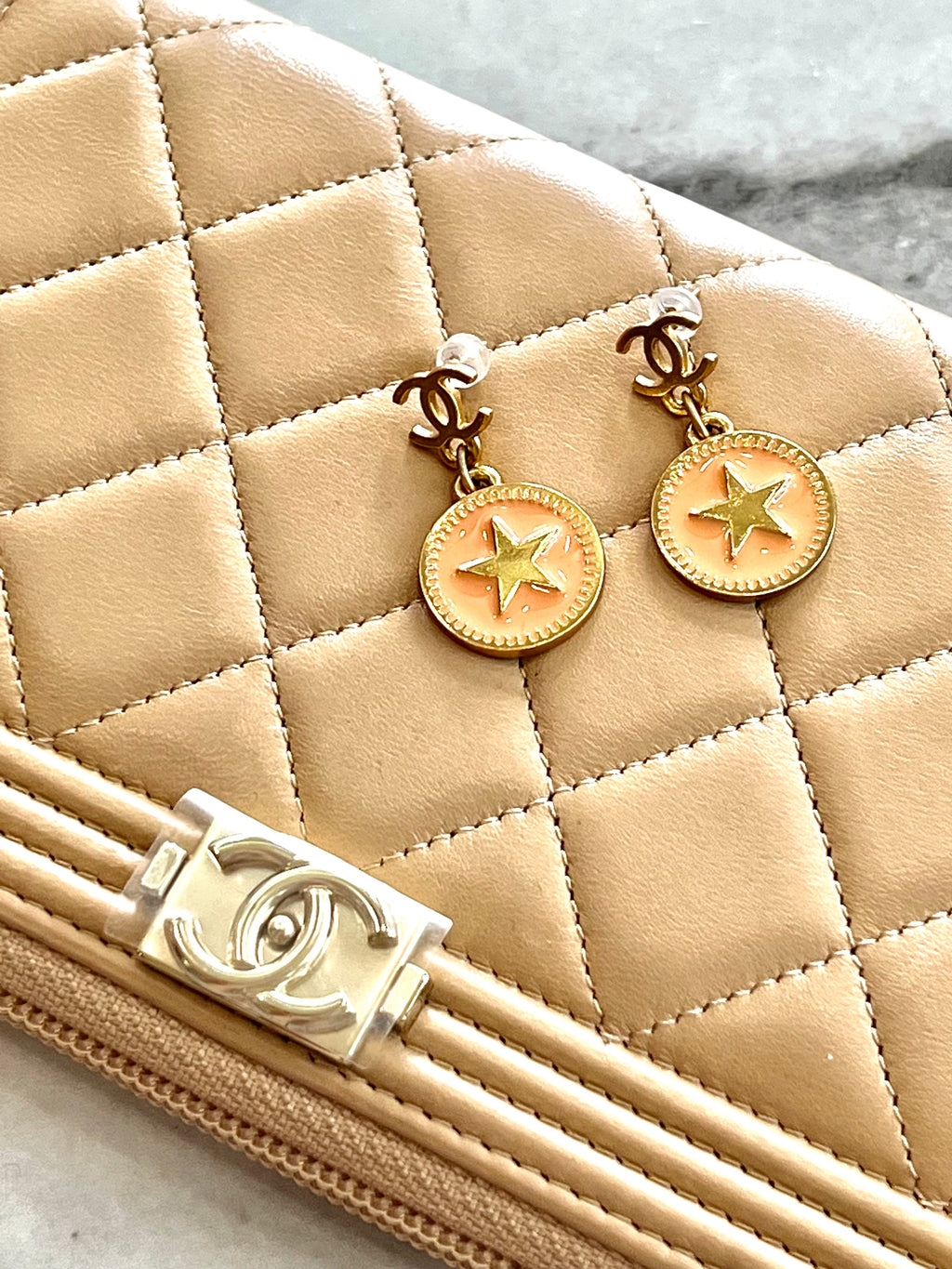 CHANEL CC STAR DANGLE ENAMEL EARRINGS