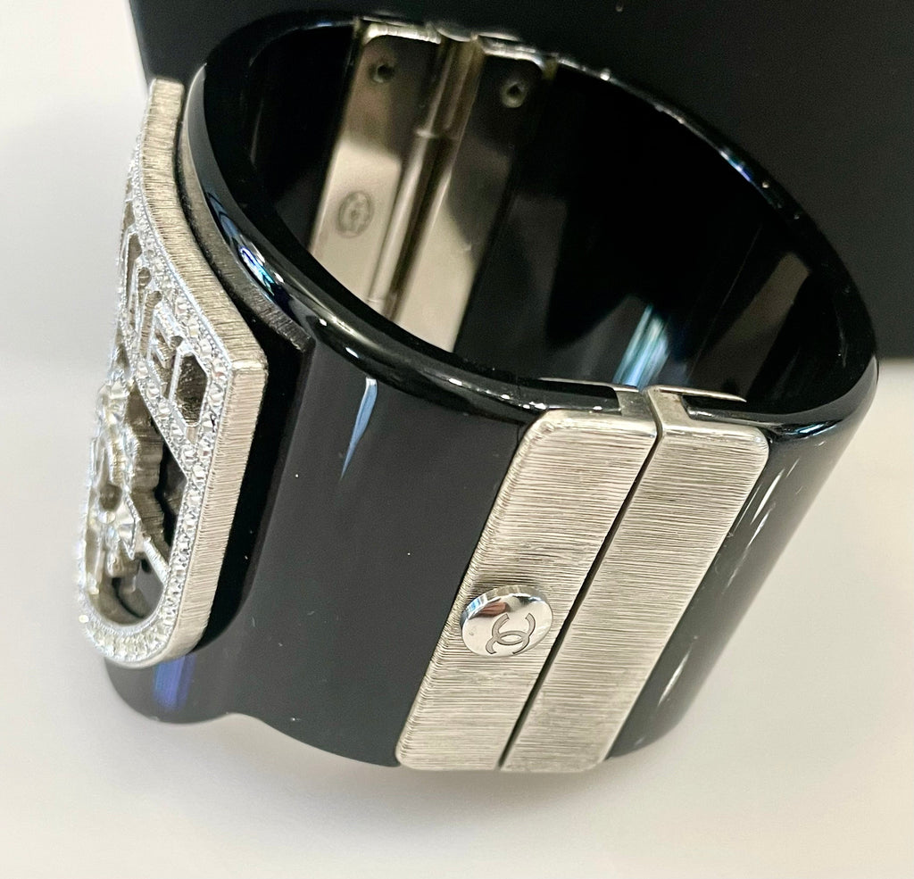 CHANEL RESIN SWAROVSKI BAGUETTE CRYSTAL CC CUFF BRACELET