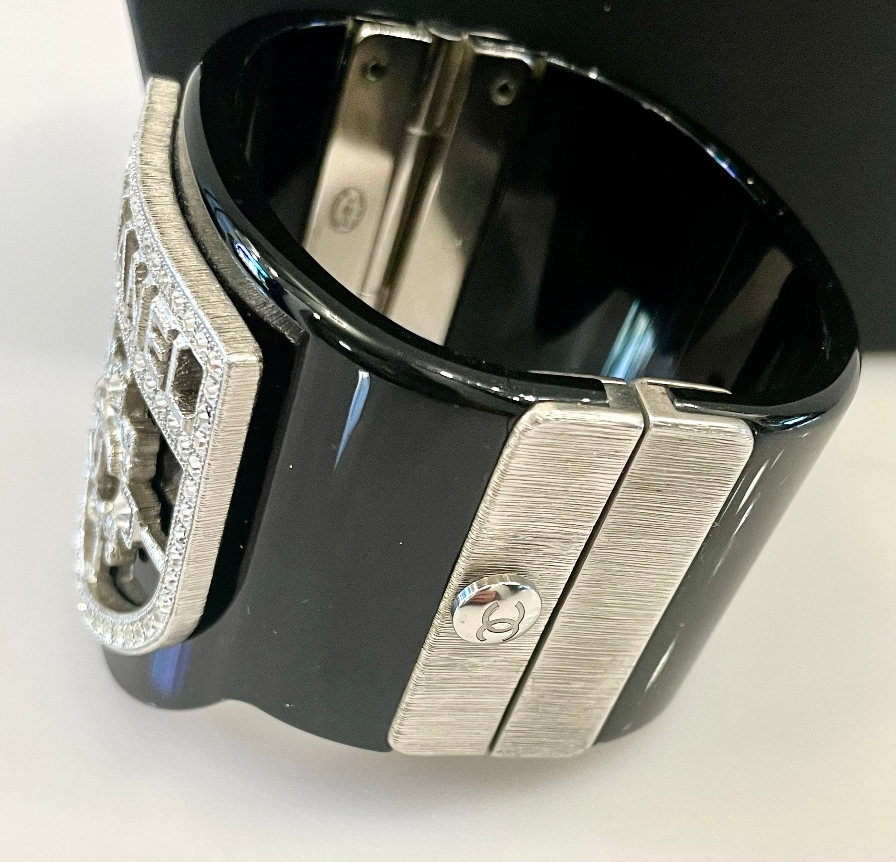 CHANEL RESIN SWAROVSKI BAGUETTE CRYSTAL CC CUFF BRACELET