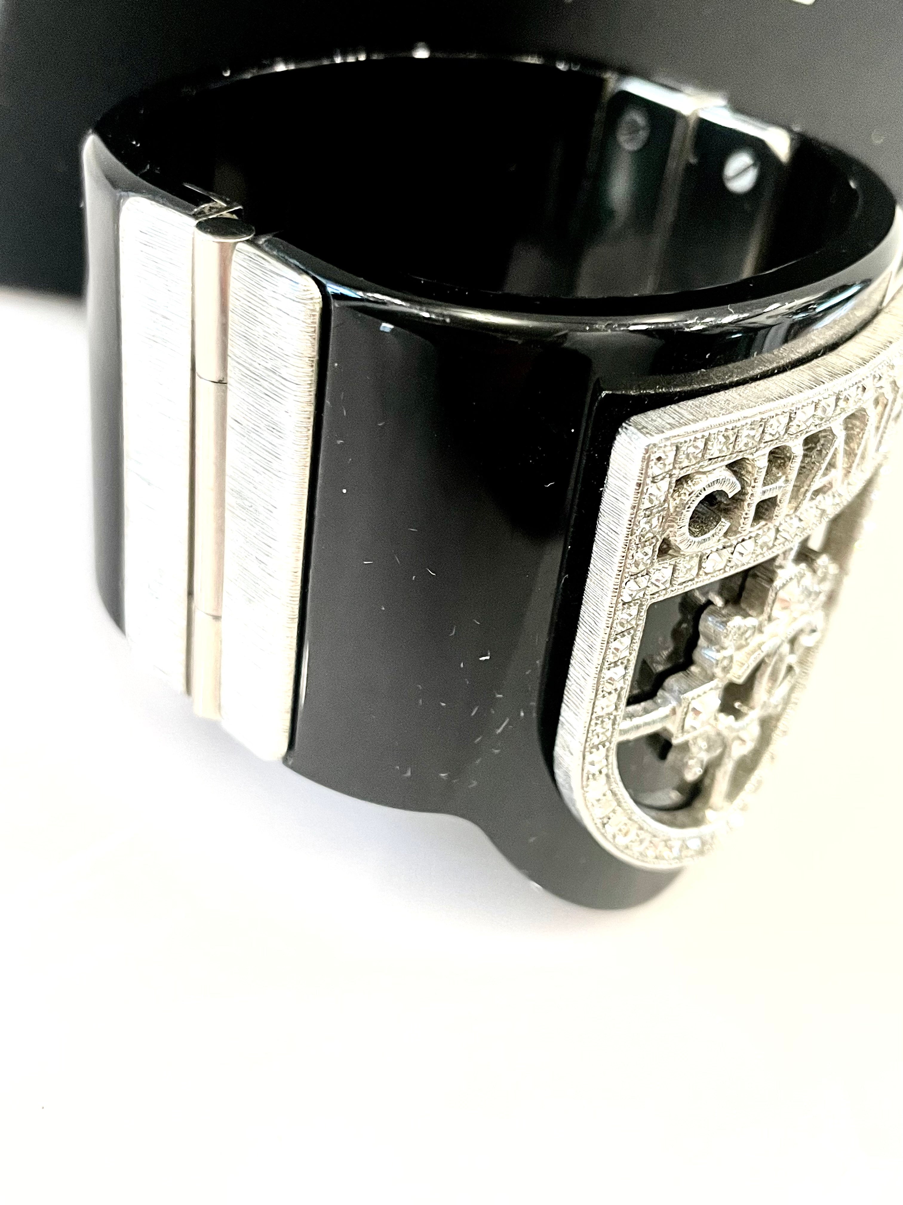 CHANEL RESIN SWAROVSKI BAGUETTE CRYSTAL CC CUFF BRACELET
