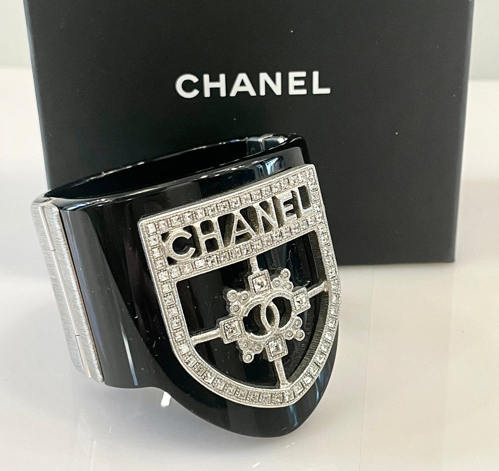 CHANEL RESIN SWAROVSKI BAGUETTE CRYSTAL CC CUFF BRACELET