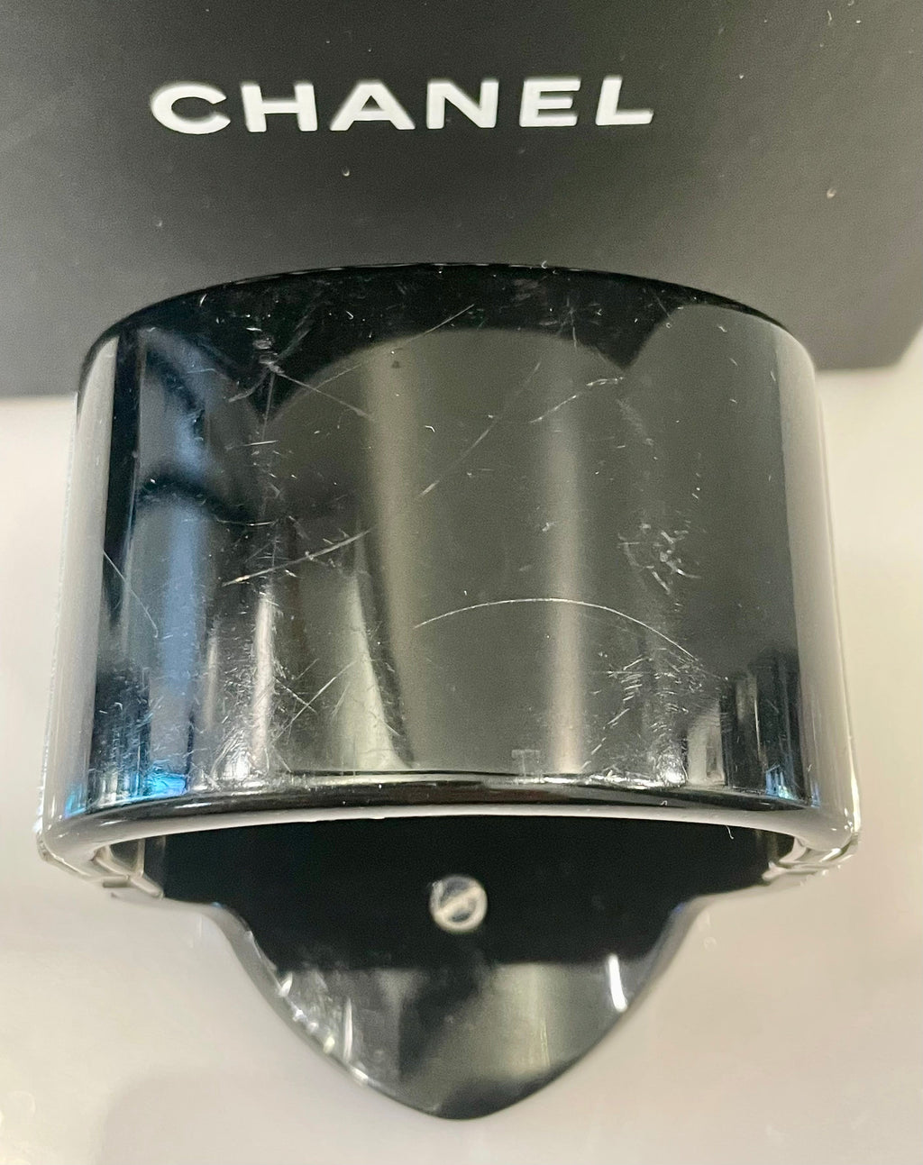 CHANEL RESIN SWAROVSKI BAGUETTE CRYSTAL CC CUFF BRACELET