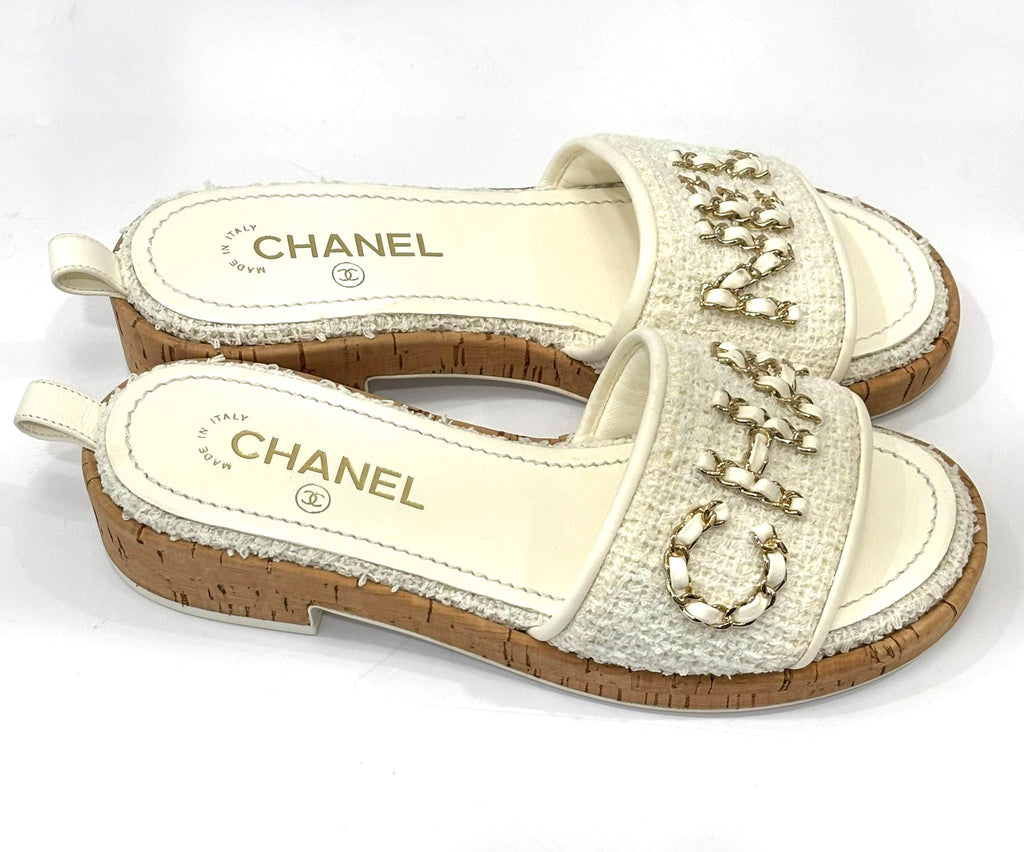 CHANEL CHAIN LINK CHA NEL TWEED CORK MULES