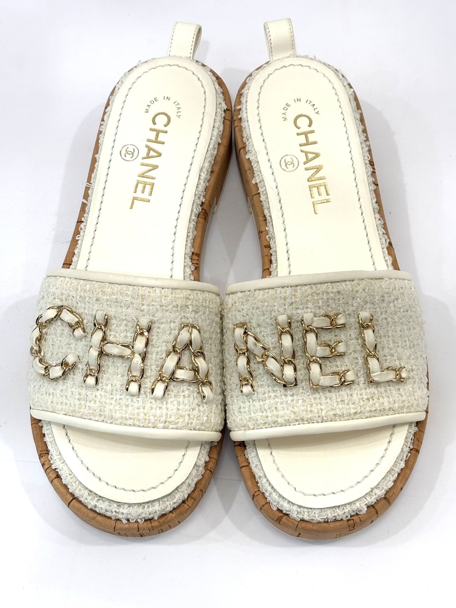 CHANEL CHAIN LINK CHA NEL TWEED CORK MULES