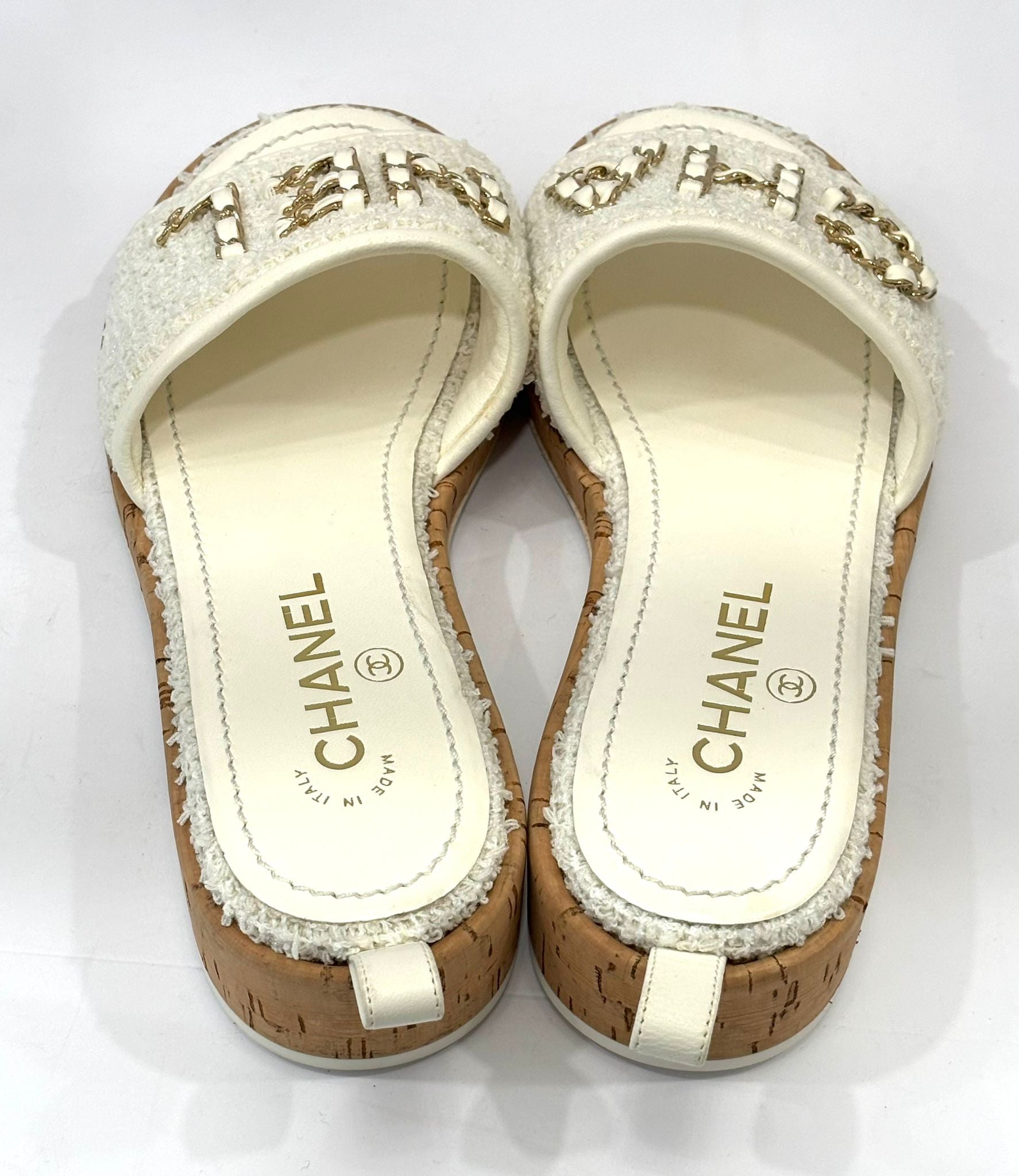 CHANEL CHAIN LINK CHA NEL TWEED CORK MULES