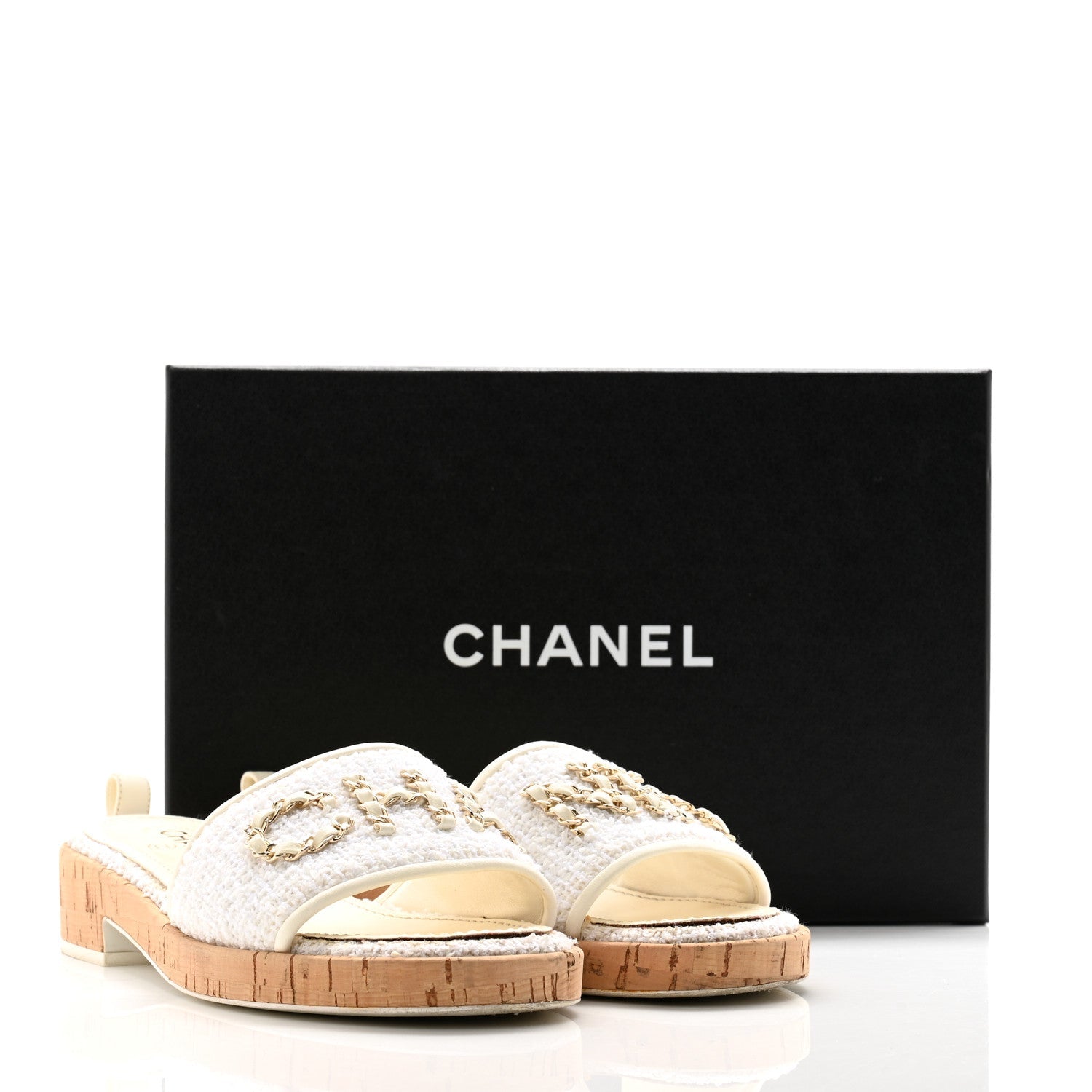 CHANEL CHAIN LINK CHA NEL TWEED CORK MULES