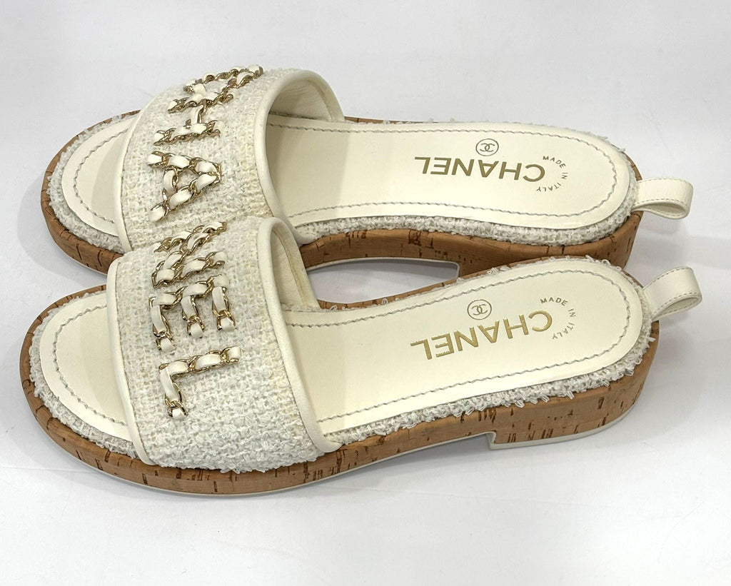 CHANEL CHAIN LINK CHA NEL TWEED CORK MULES