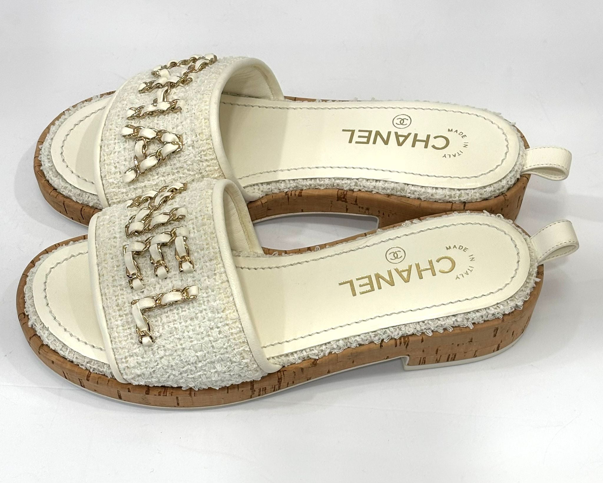CHANEL CHAIN LINK CHA NEL TWEED CORK MULES