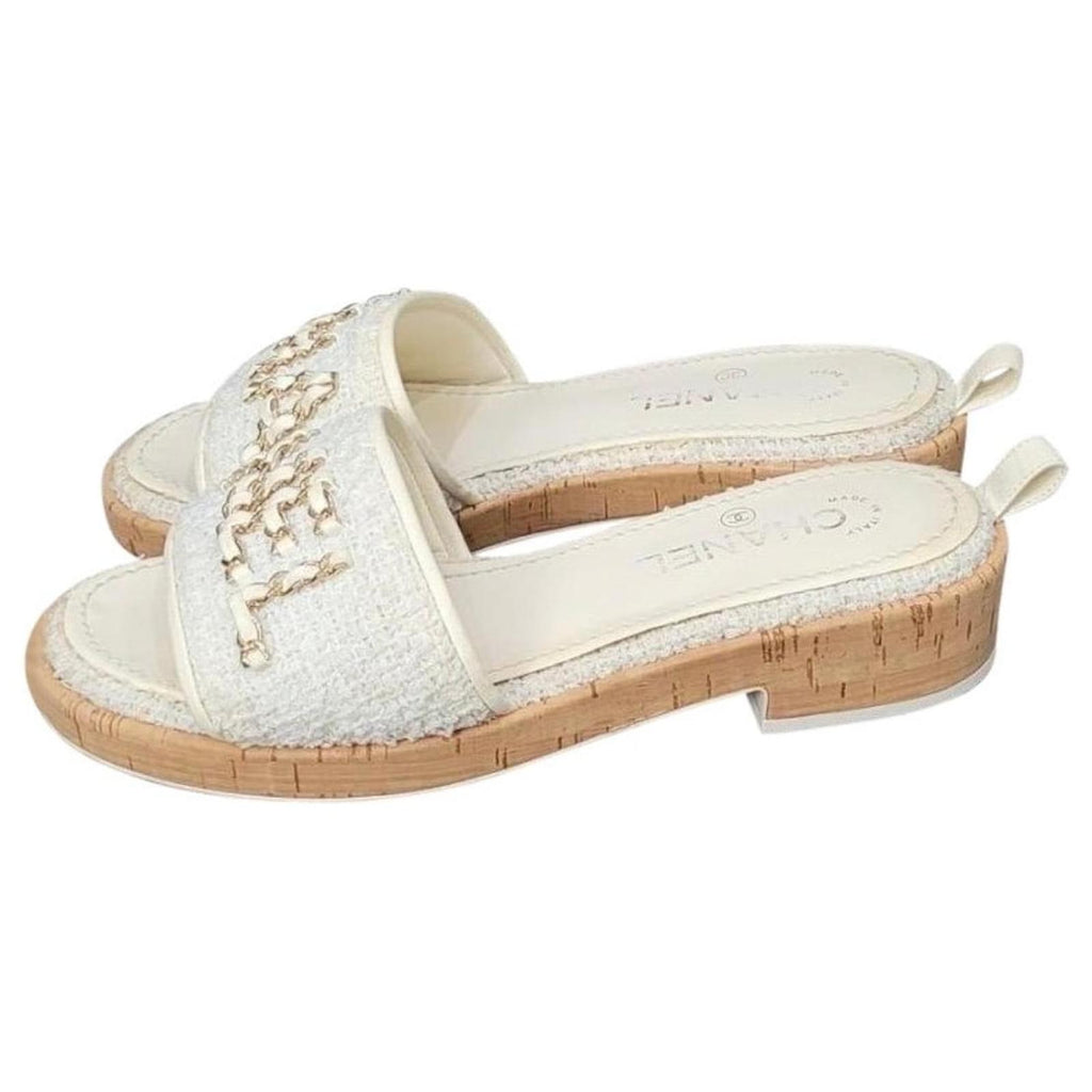 CHANEL CHAIN LINK CHA NEL TWEED CORK MULES