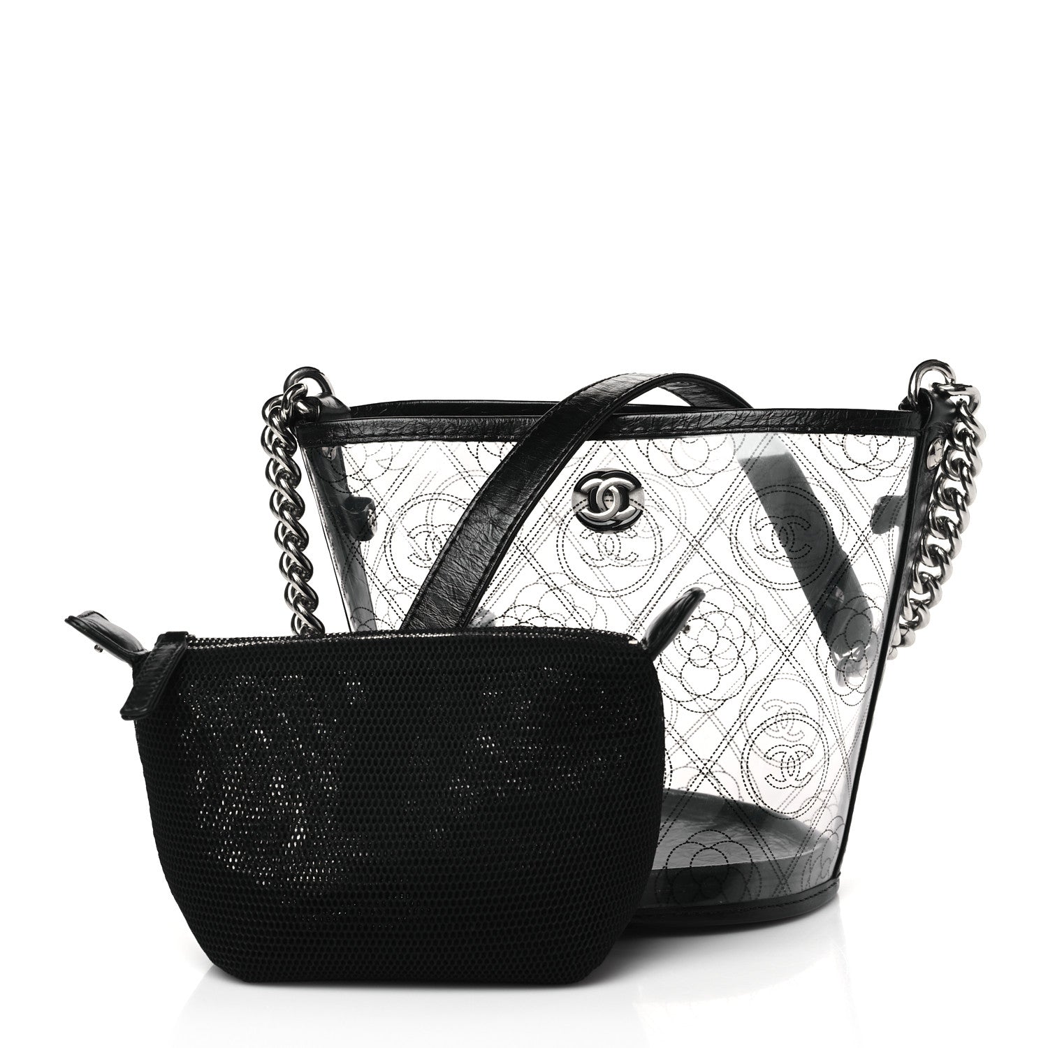 CHANEL CRUMPLED CALFSKIN PVC CAMELLIA BUCKET BAG