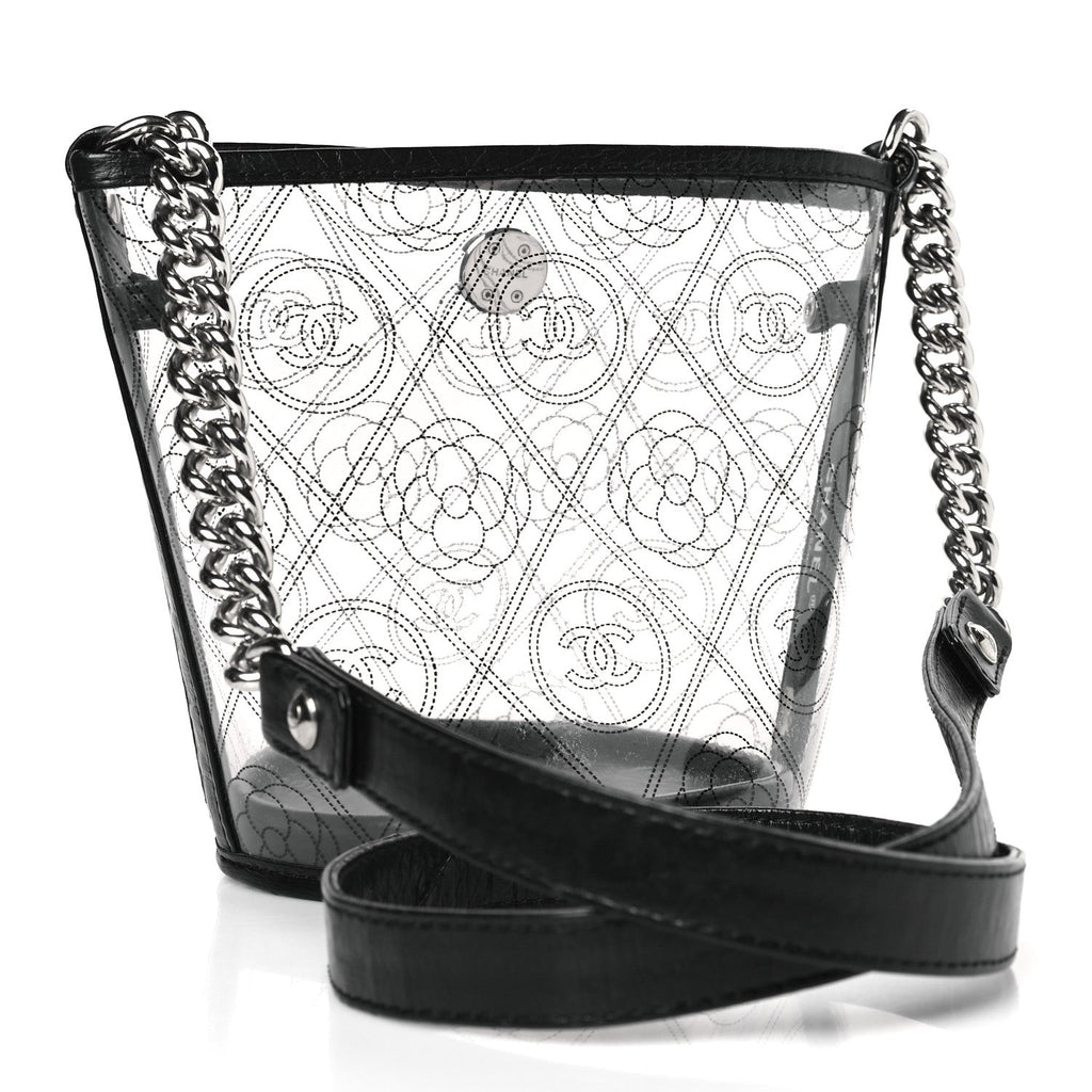 CHANEL CRUMPLED CALFSKIN PVC CAMELLIA BUCKET BAG