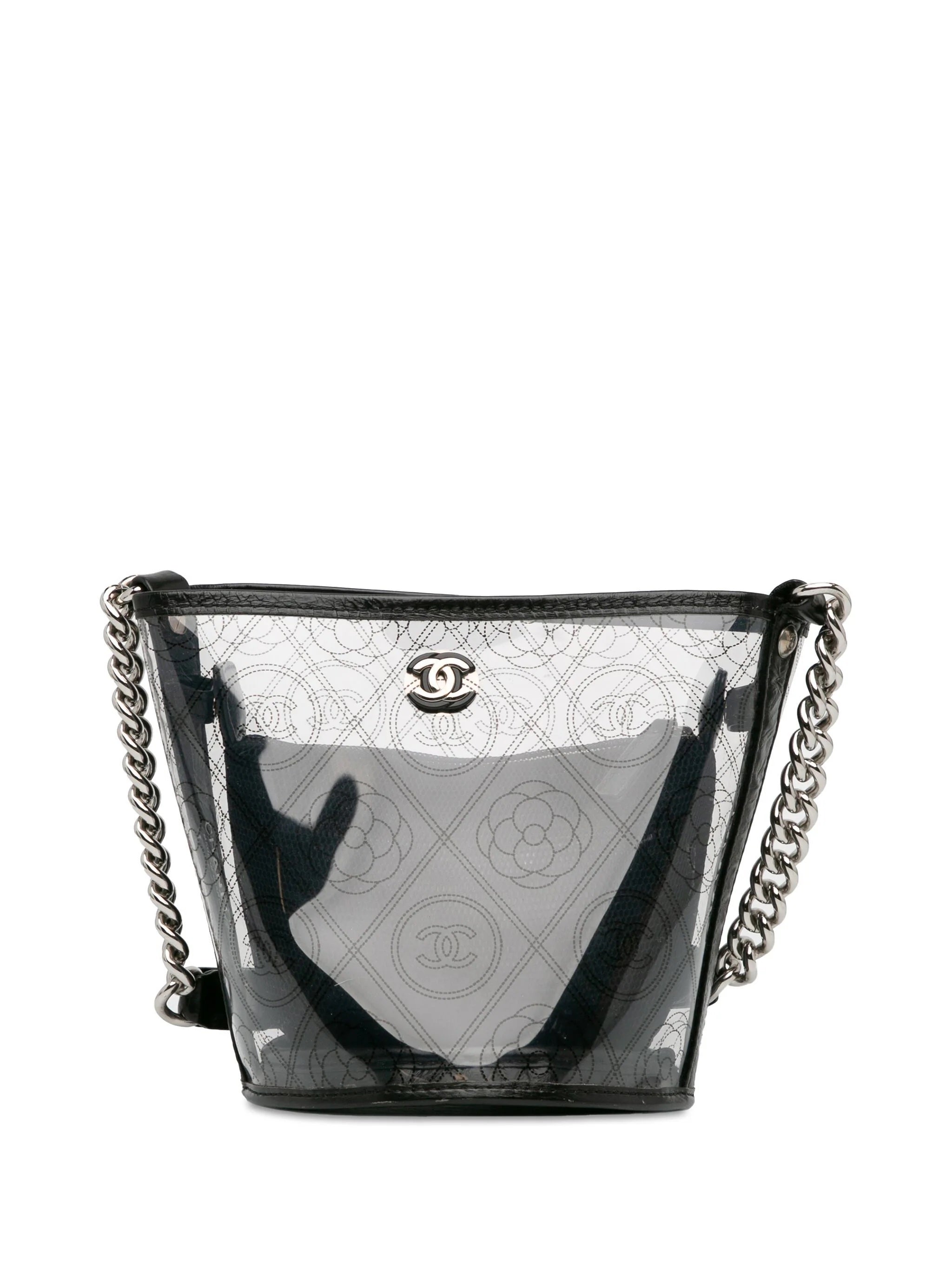 CHANEL CRUMPLED CALFSKIN PVC CAMELLIA BUCKET BAG