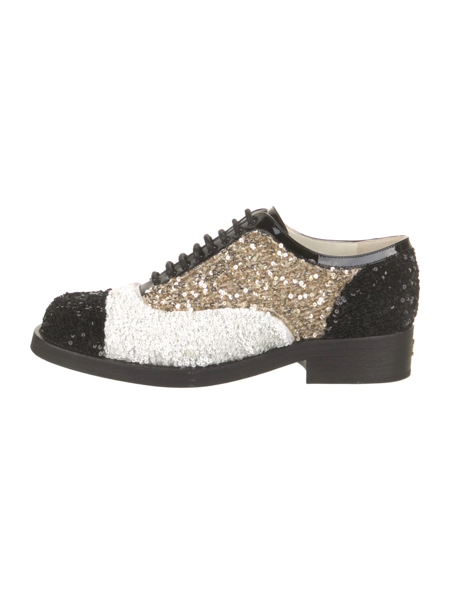 CHANEL INTERLOCKING CC LOGO SEQUIN EMBELLISHED OXFORDS