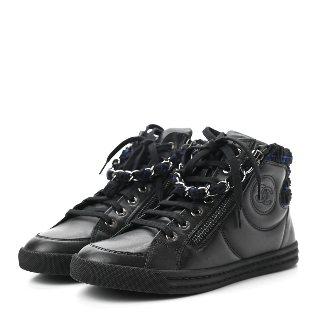 CHANEL LAMBSKIN LEATHER TWEED ZIPPED HI-TOP SNEAKERS