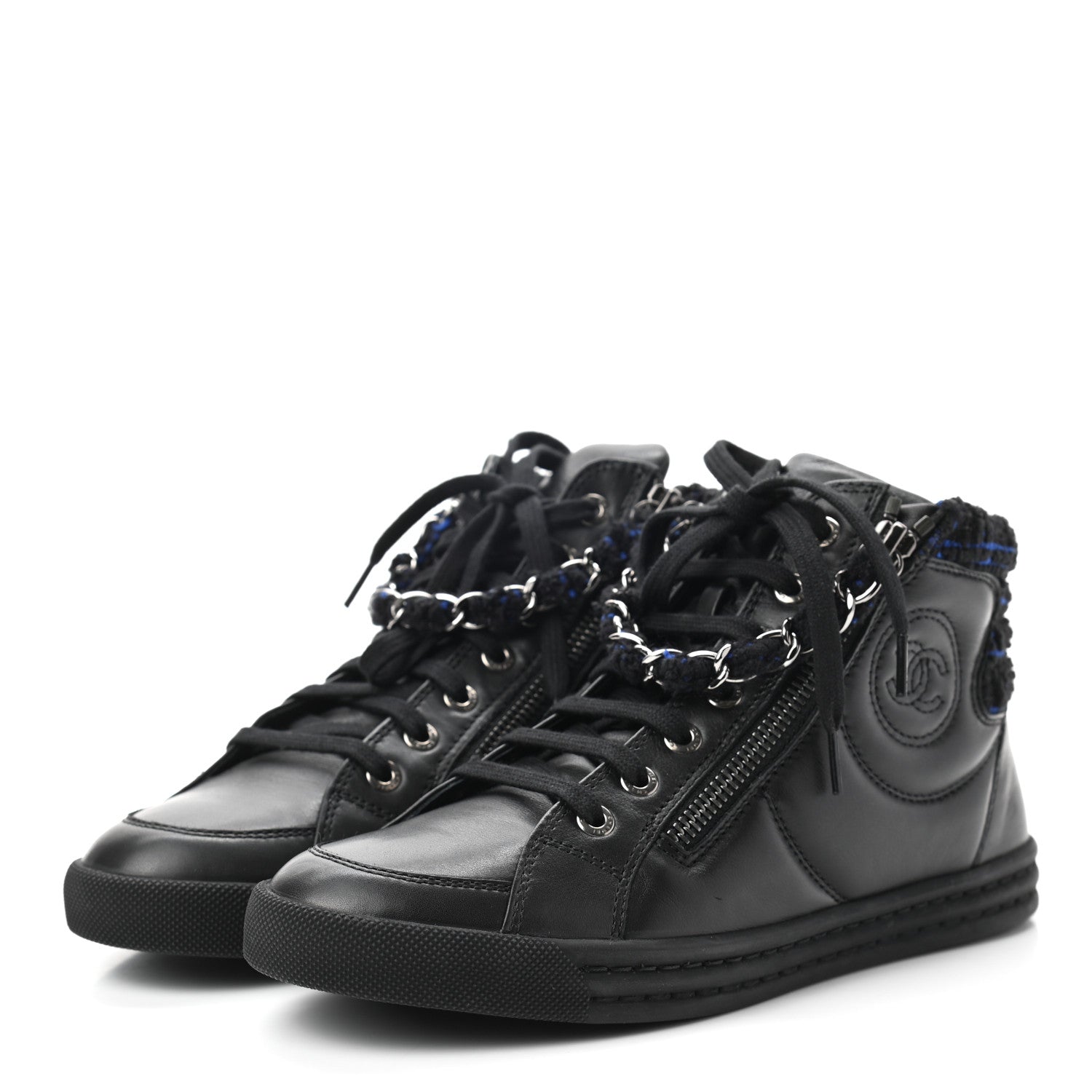 CHANEL LAMBSKIN LEATHER TWEED ZIPPED HI-TOP SNEAKERS