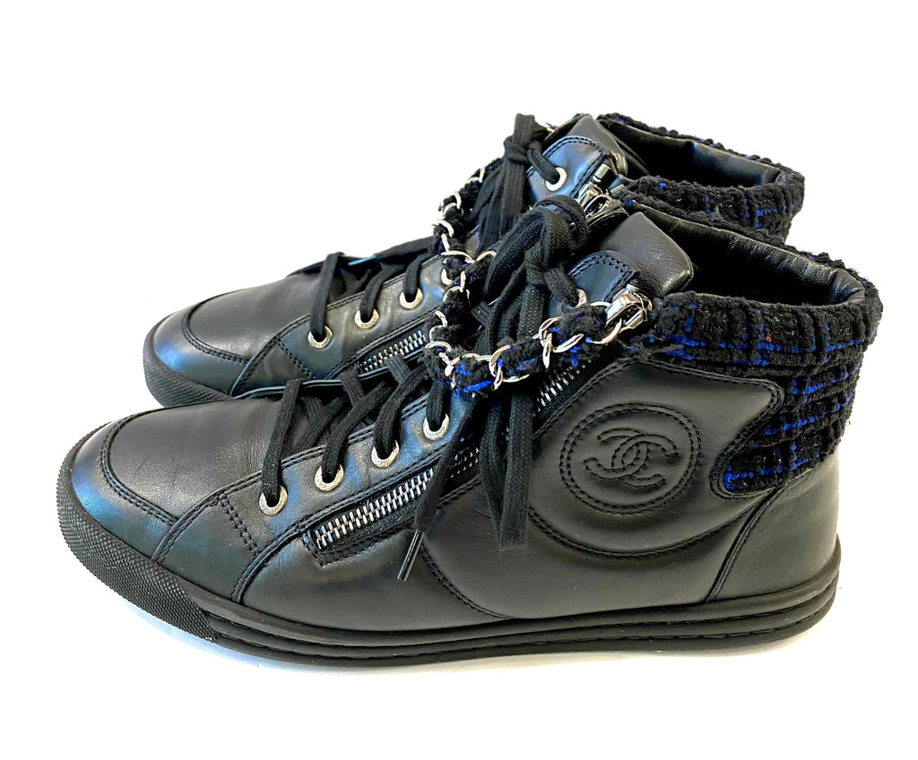 CHANEL LAMBSKIN LEATHER TWEED ZIPPED HI-TOP SNEAKERS