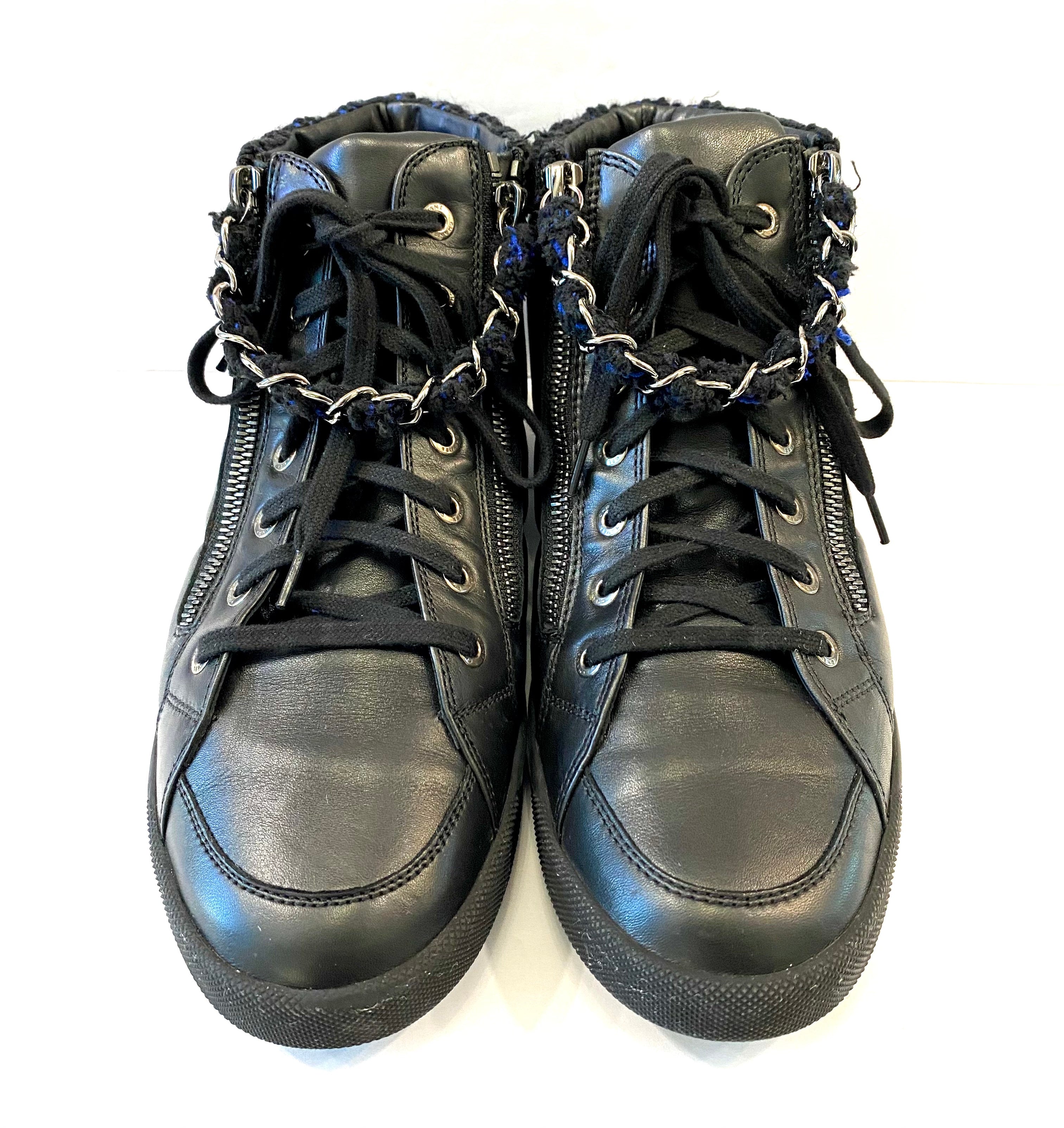CHANEL LAMBSKIN LEATHER TWEED ZIPPED HI-TOP SNEAKERS