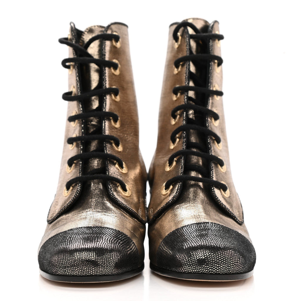 CHANEL LAMINATED CALFSKIN CC LACE-UP BOOTS