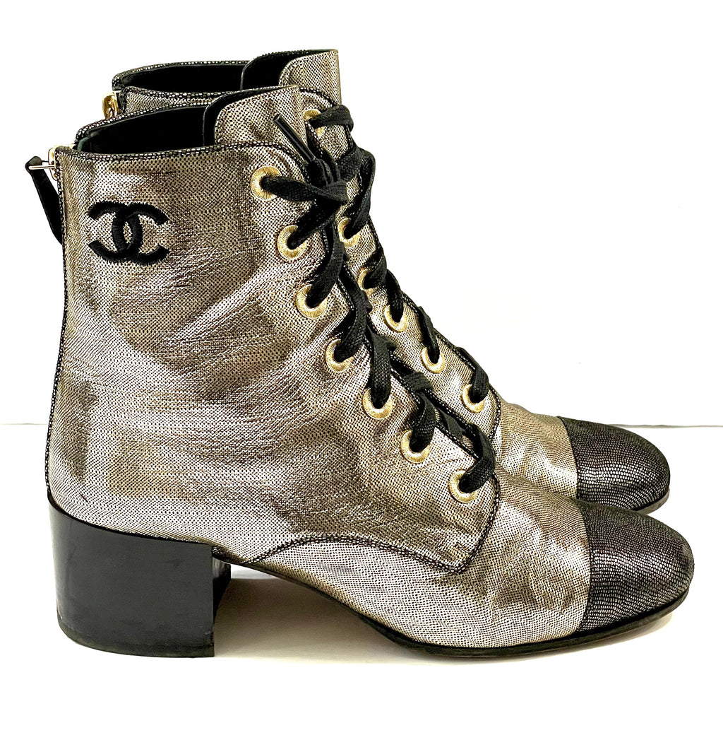 CHANEL LAMINATED CALFSKIN CC LACE-UP BOOTS