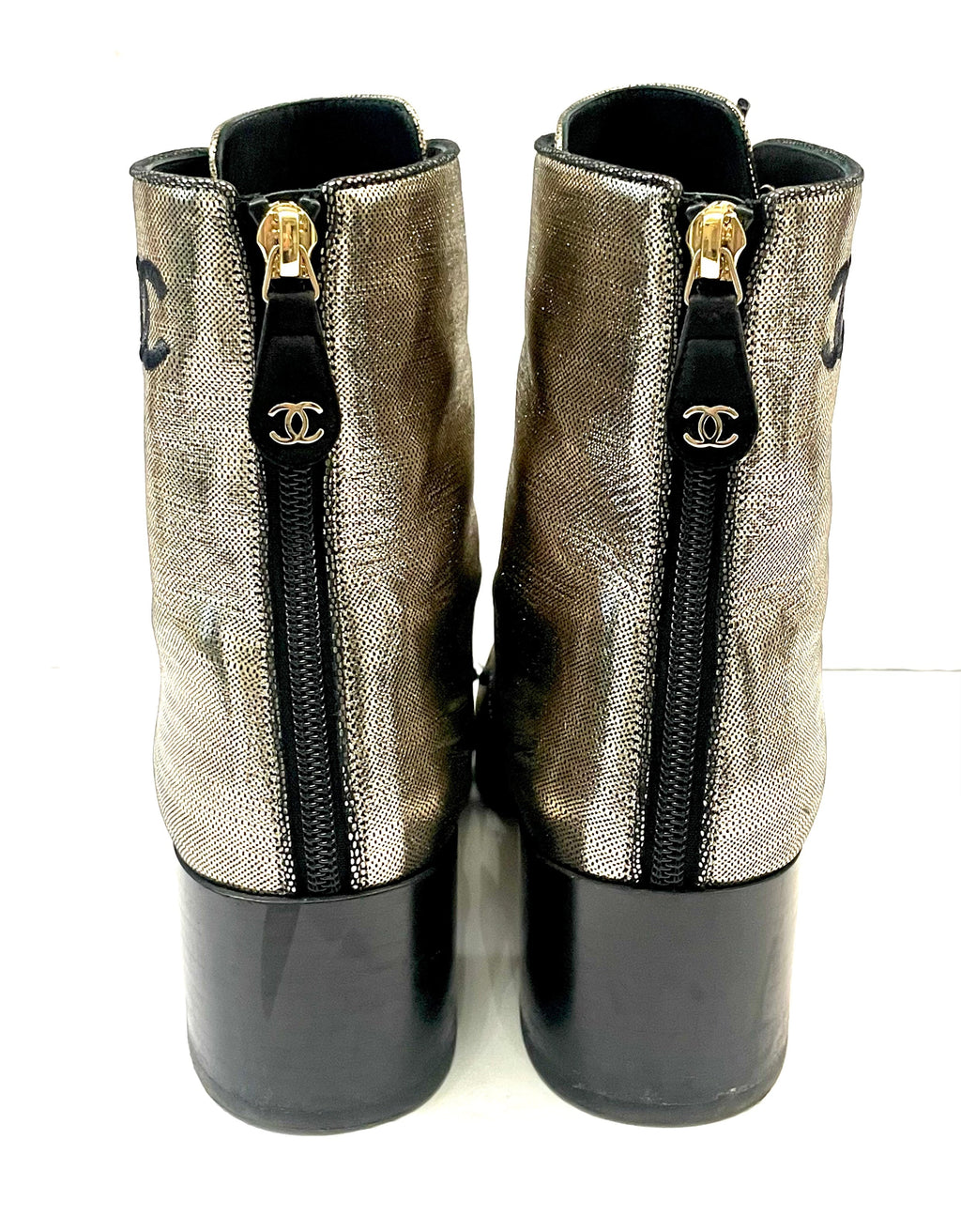 CHANEL LAMINATED CALFSKIN CC LACE-UP BOOTS
