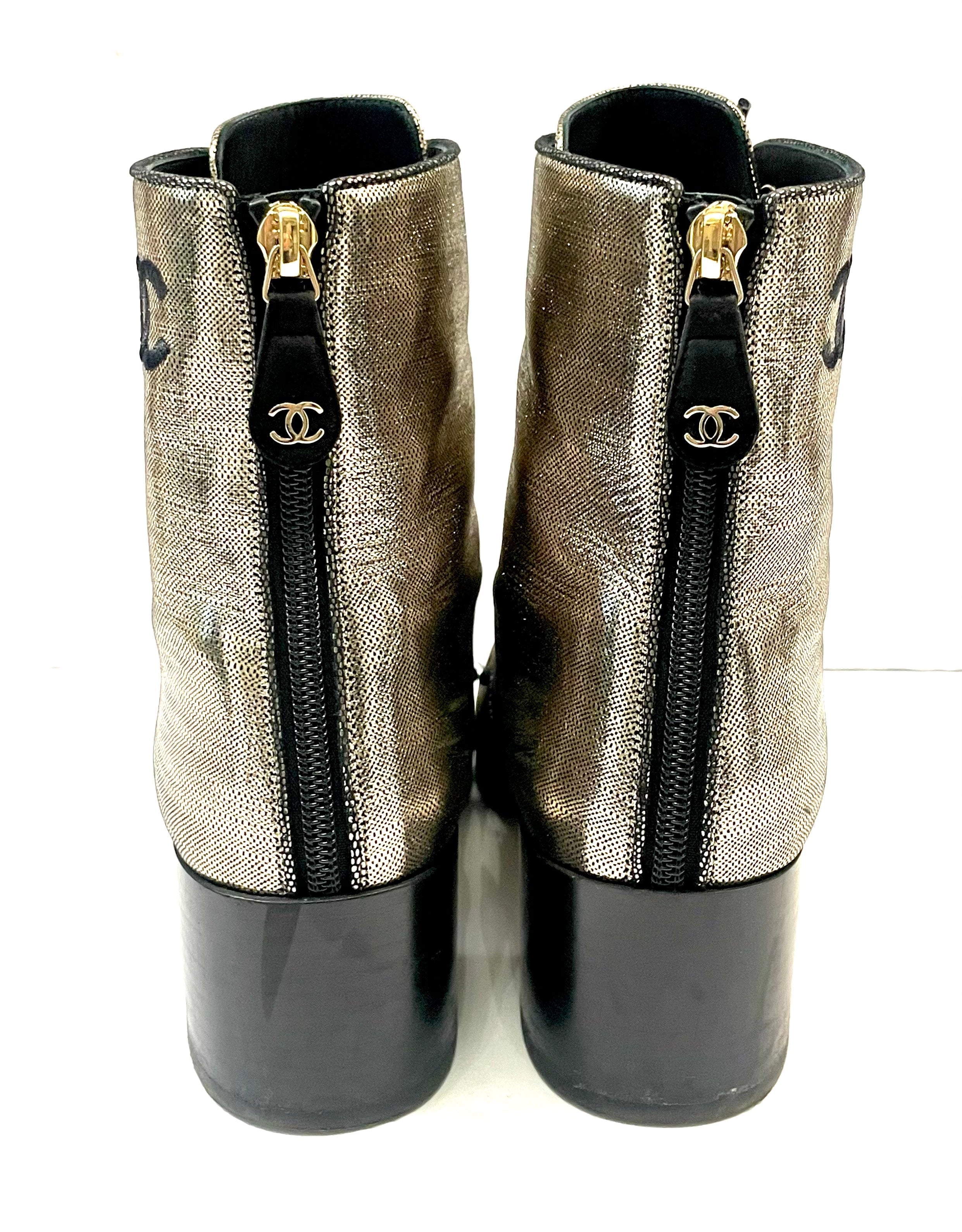CHANEL LAMINATED CALFSKIN CC LACE-UP BOOTS