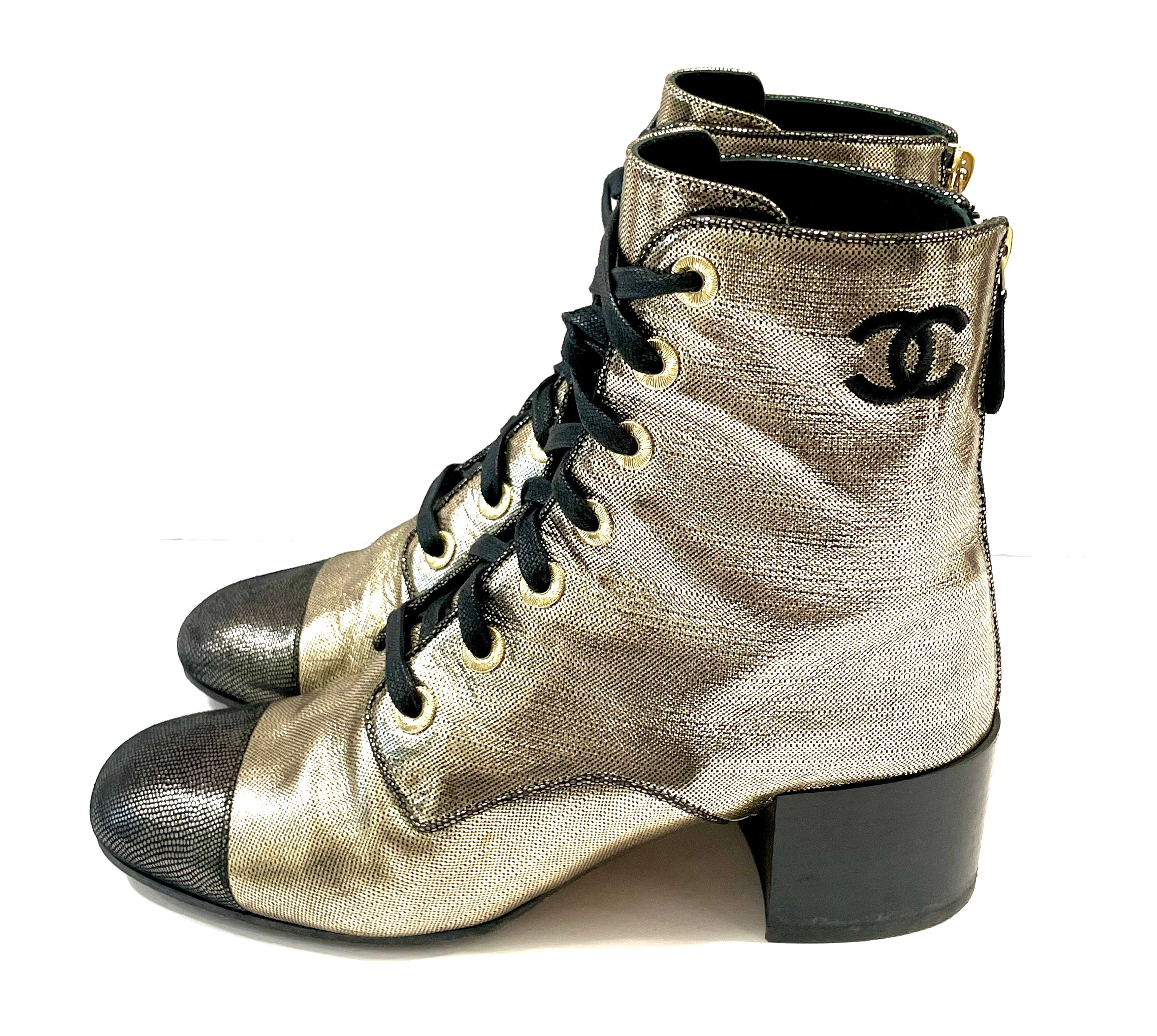 CHANEL LAMINATED CALFSKIN CC LACE-UP BOOTS