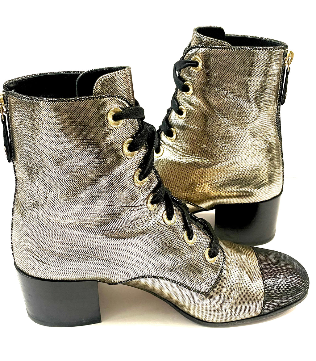 CHANEL LAMINATED CALFSKIN CC LACE-UP BOOTS