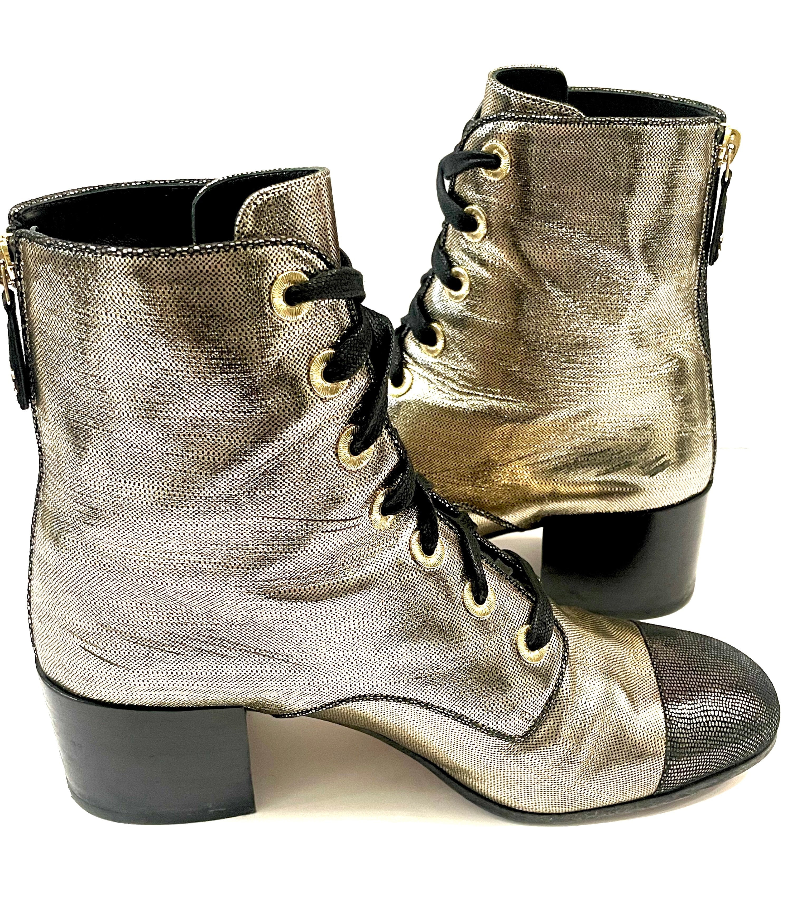 CHANEL LAMINATED CALFSKIN CC LACE-UP BOOTS