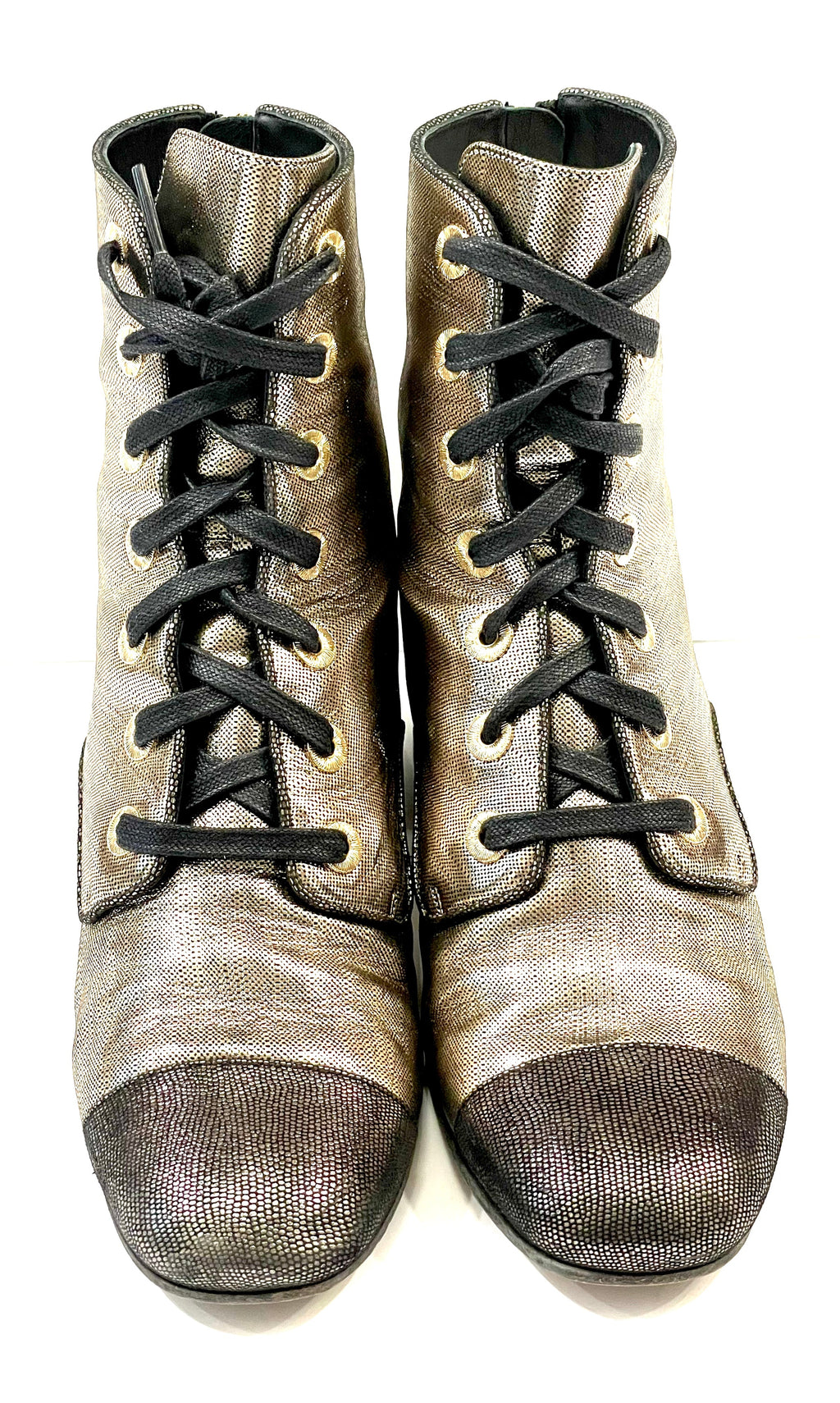 CHANEL LAMINATED CALFSKIN CC LACE-UP BOOTS