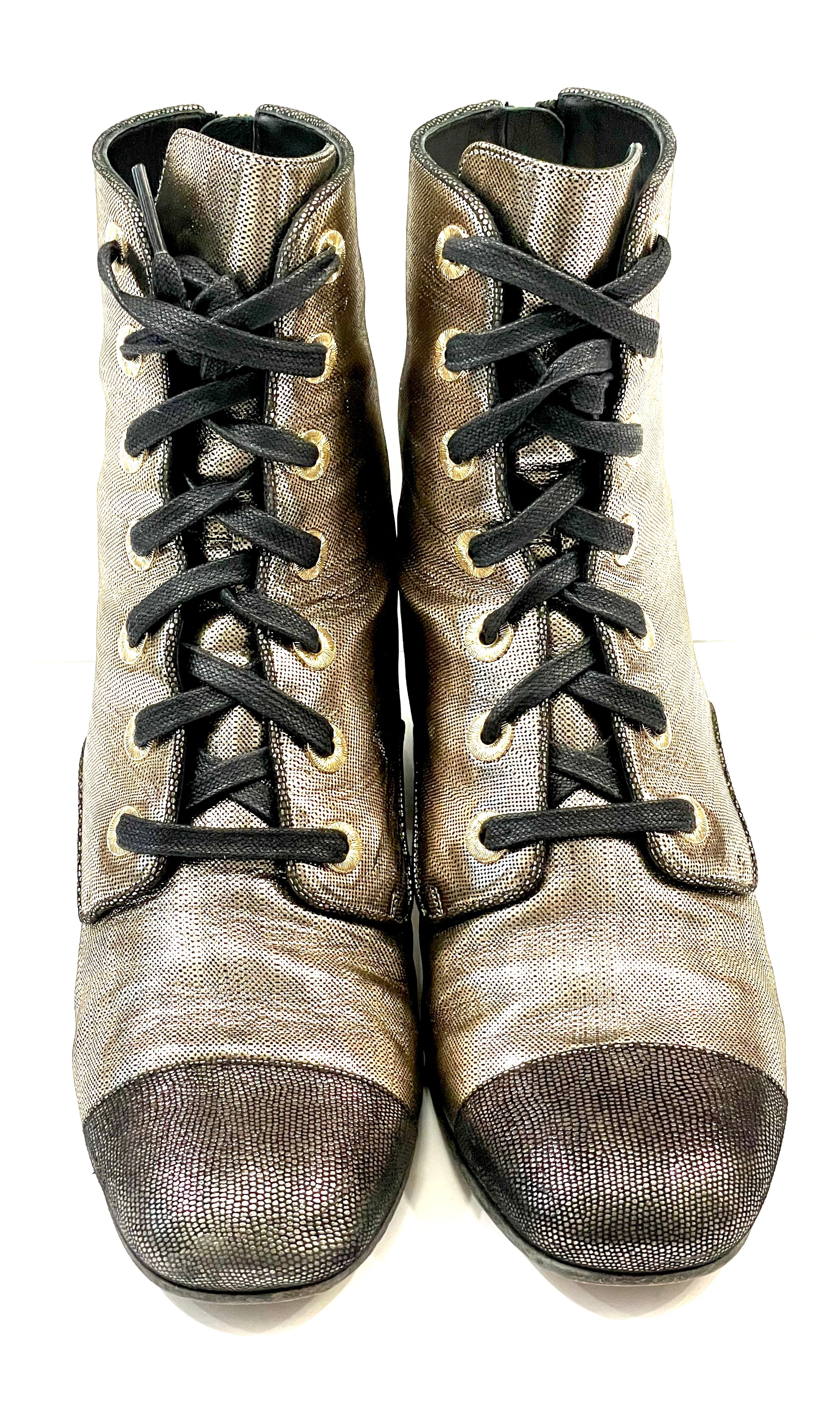 CHANEL LAMINATED CALFSKIN CC LACE-UP BOOTS