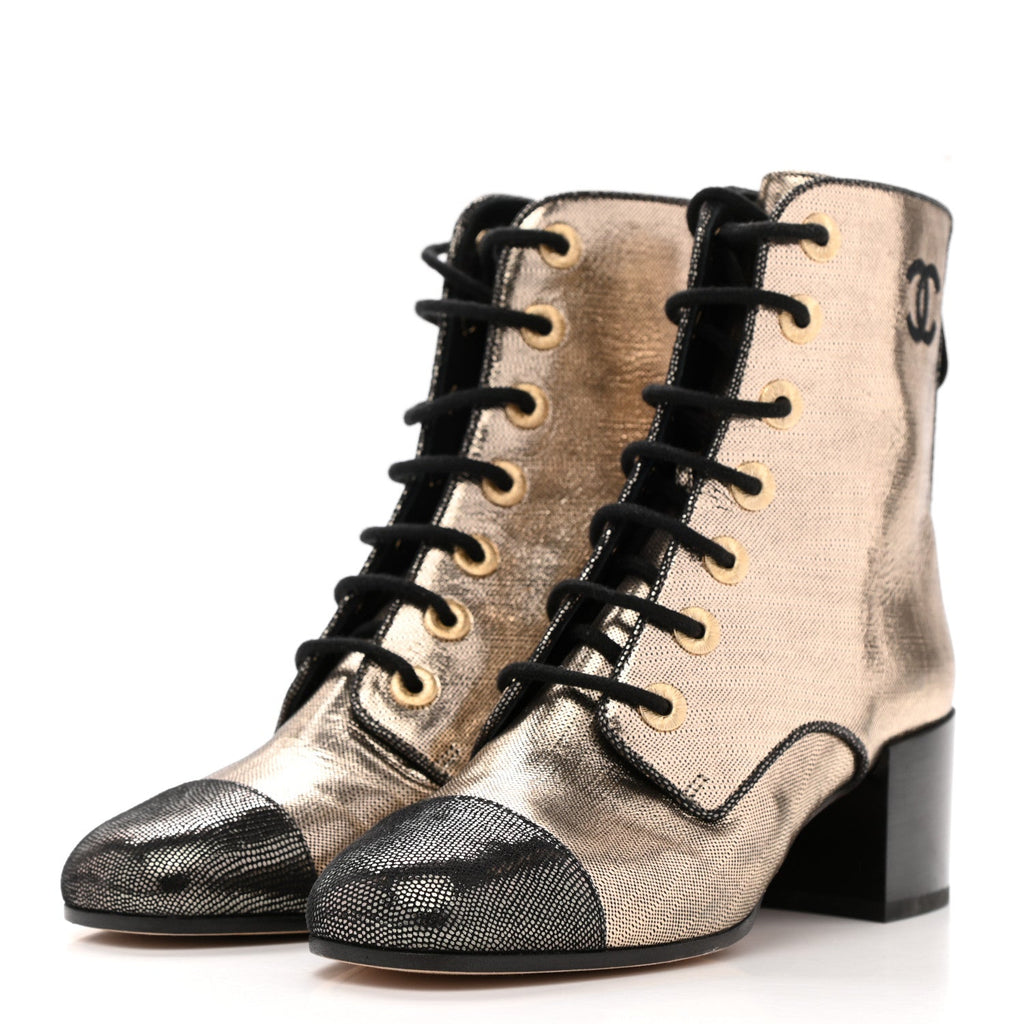CHANEL LAMINATED CALFSKIN CC LACE-UP BOOTS