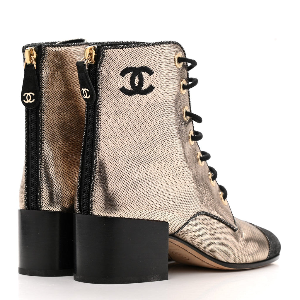 CHANEL LAMINATED CALFSKIN CC LACE-UP BOOTS