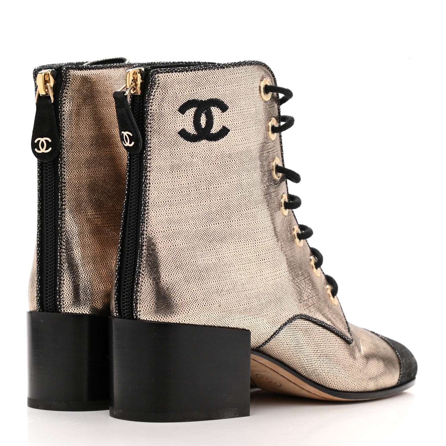CHANEL LAMINATED CALFSKIN CC LACE-UP BOOTS