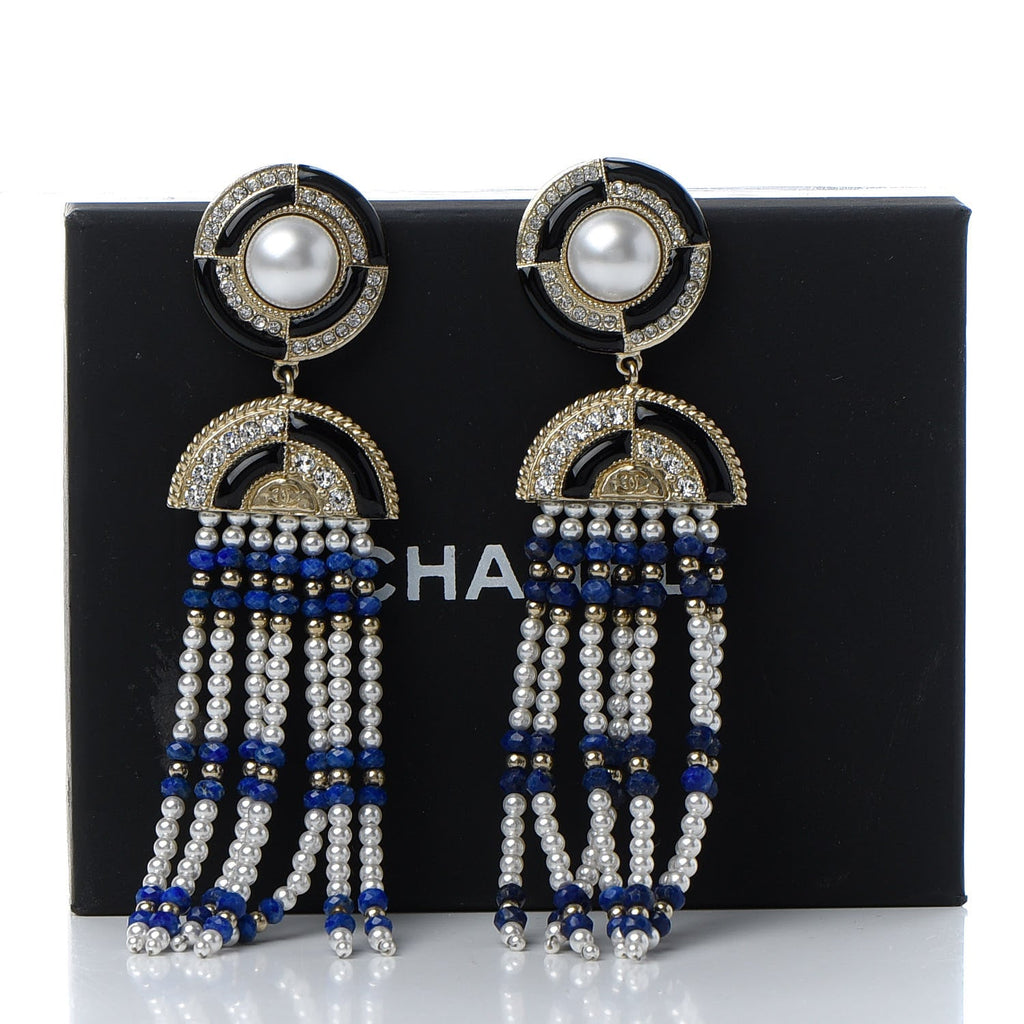 CHANEL LAPIS LAZULI FAUX PEARL & STRASS CC CHANDELIER EARRINGS