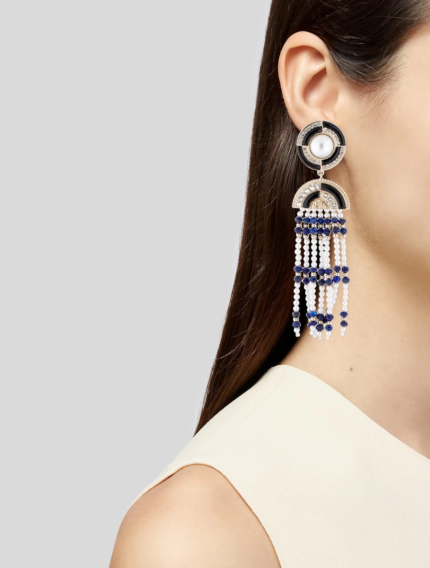 CHANEL LAPIS LAZULI FAUX PEARL & STRASS CC CHANDELIER EARRINGS