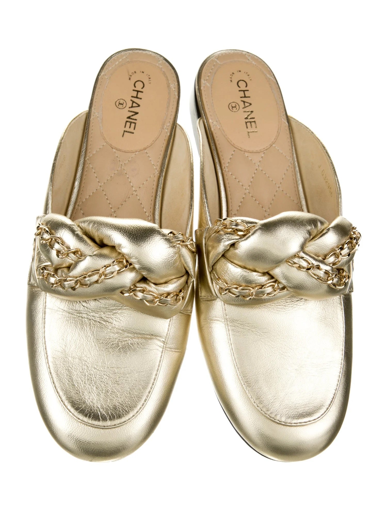 CHANEL METALLIC LAMBSKIN BRAIDED CHAIN MULES