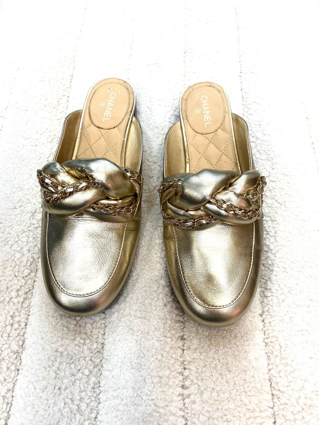 CHANEL METALLIC LAMBSKIN BRAIDED CHAIN MULES