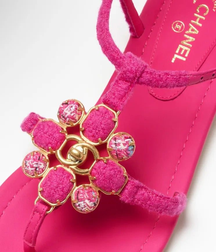 CHANEL TWEED & LAMBSKIN JEWELED SANDALS