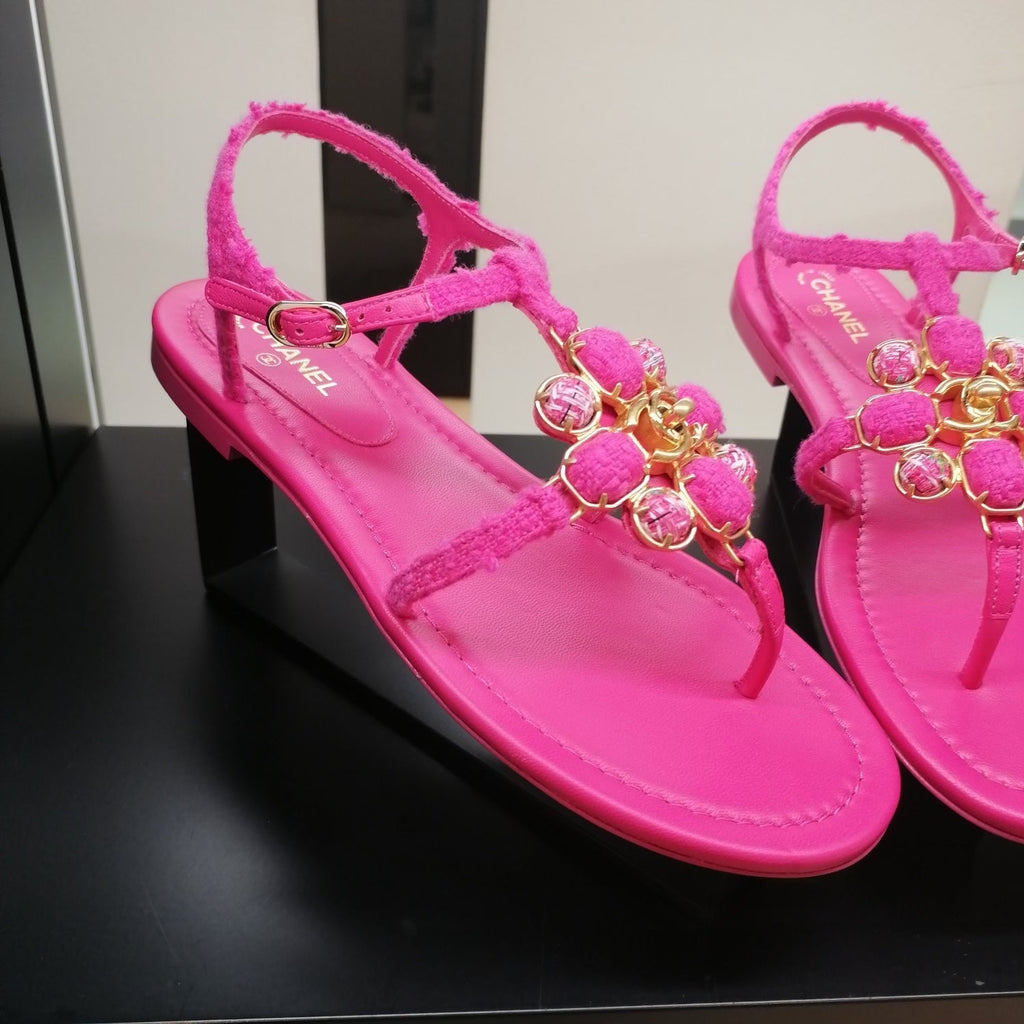 CHANEL TWEED & LAMBSKIN JEWELED SANDALS