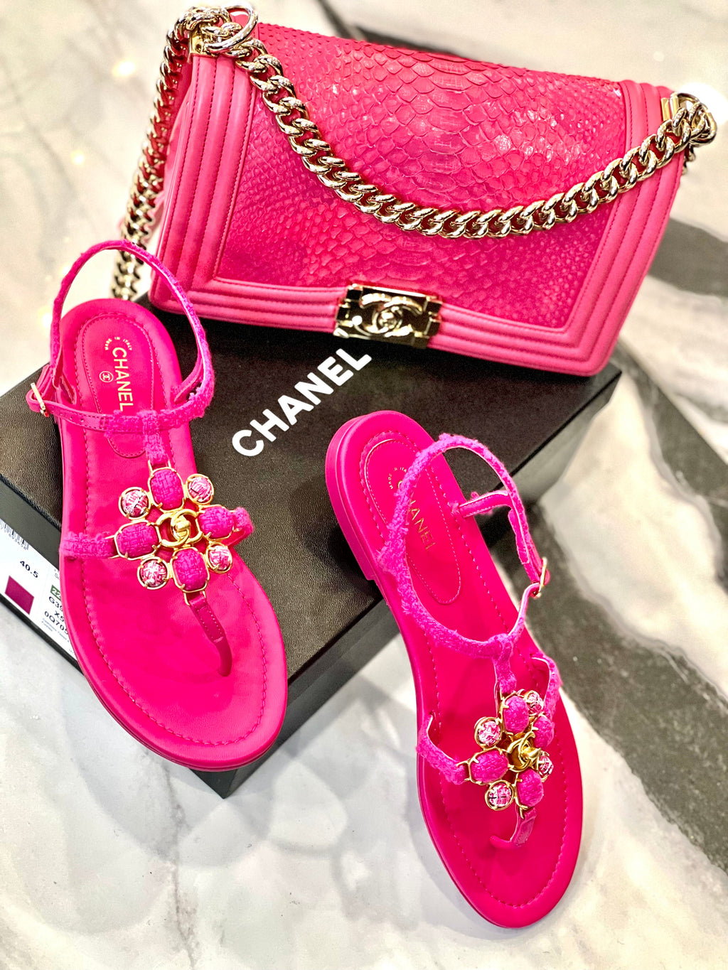 CHANEL TWEED & LAMBSKIN JEWELED SANDALS