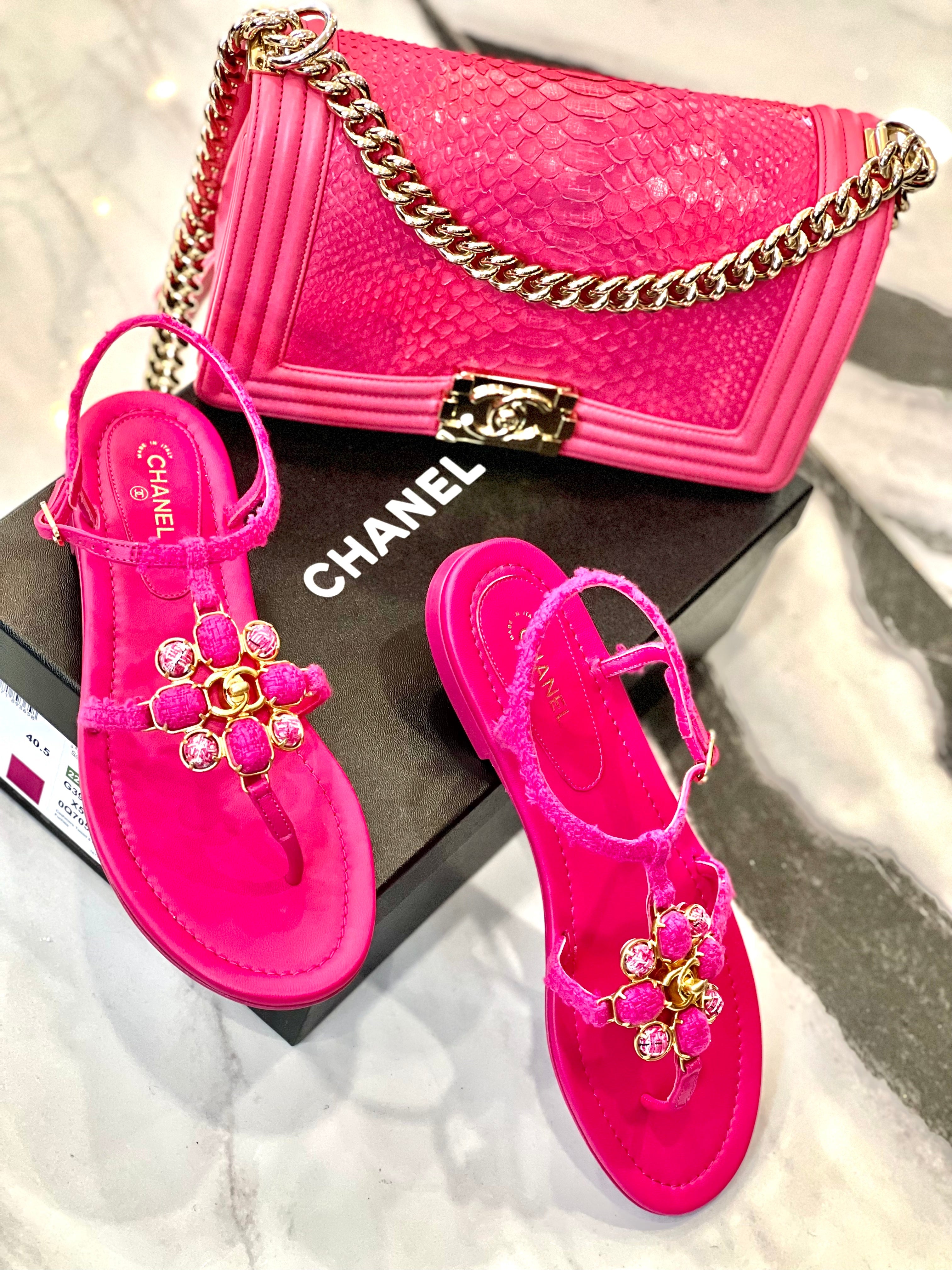 CHANEL TWEED & LAMBSKIN JEWELED SANDALS
