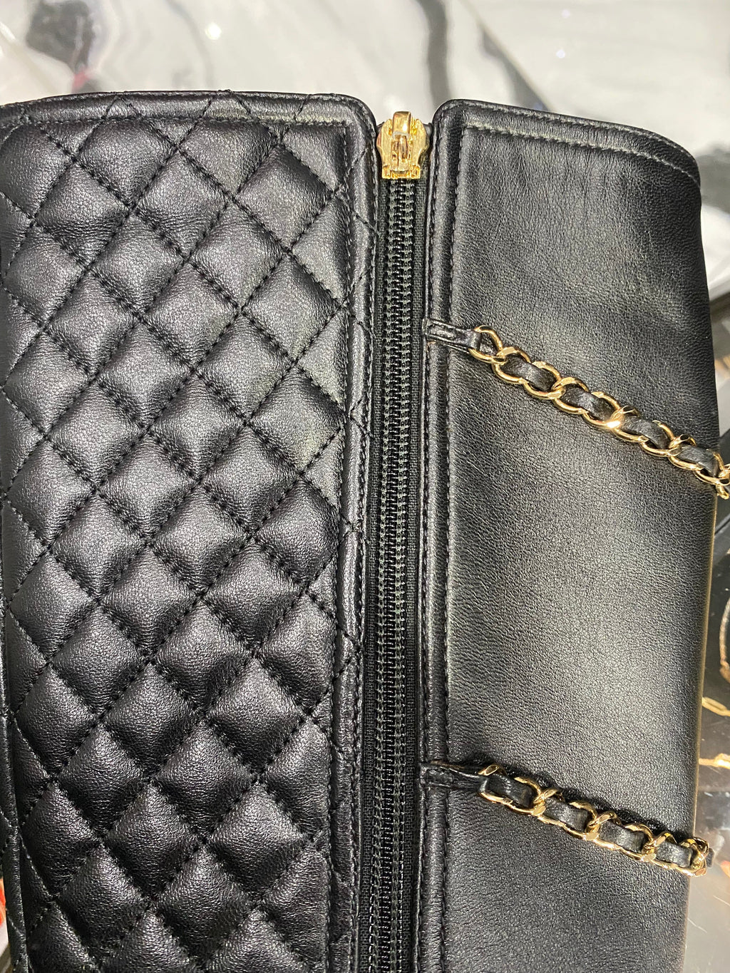 CHANEL CHAIN ACCENT QUILTED LEATHER KNEE HIGH BOOTS