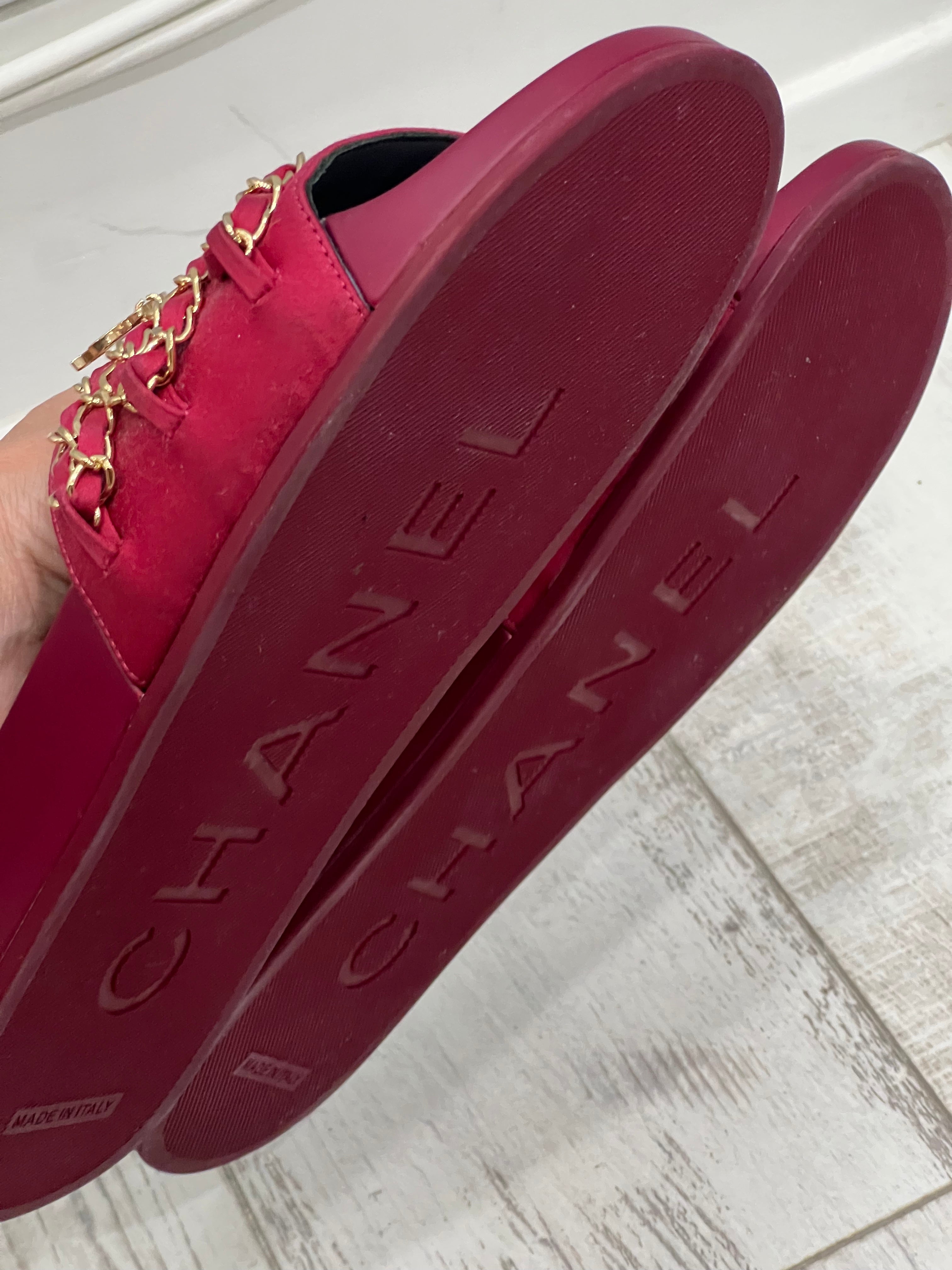 CHANEL SATIN CHAIN SLIDE MULES
