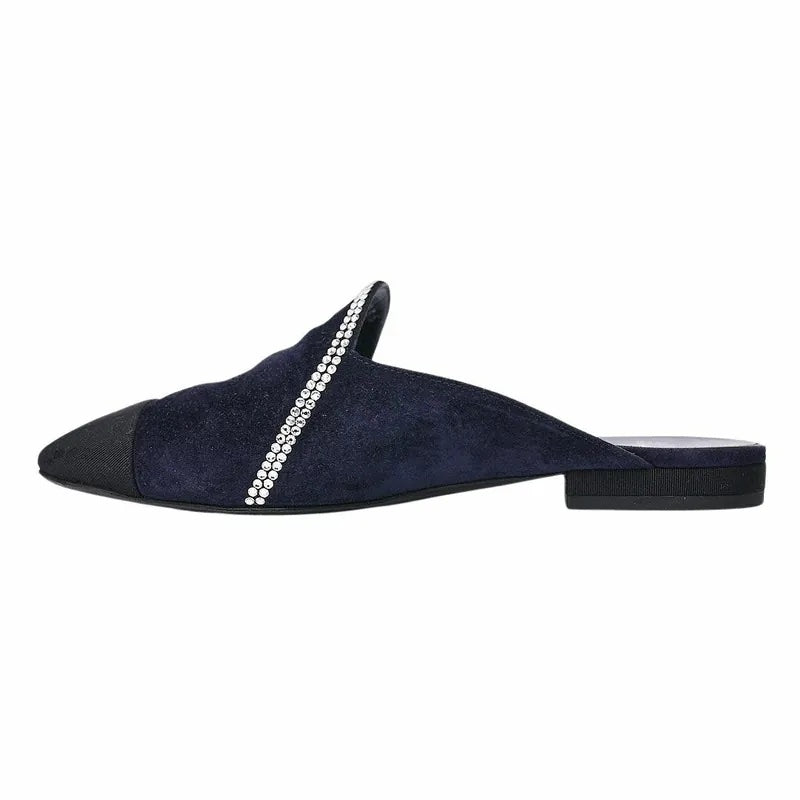 CHANEL SUEDE CALFSKIN GROSGRAIN CRYSTAL CC STAR MULES