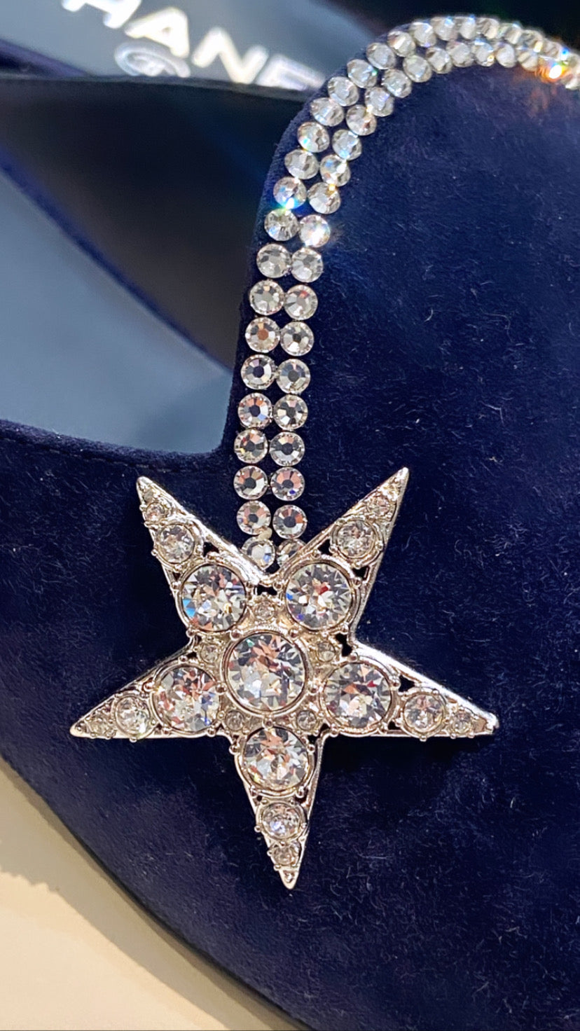 CHANEL SUEDE CALFSKIN GROSGRAIN CRYSTAL CC STAR MULES